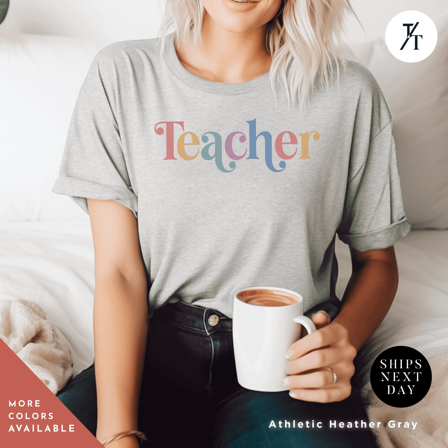 a woman sitting on a bed holding a cup of coffee, Teacher Team T-Shirt, teacher t shirt best seller, Last Day Of School, Teacher tShirts, Test Day Shirt, Teacher Tee, Back To School