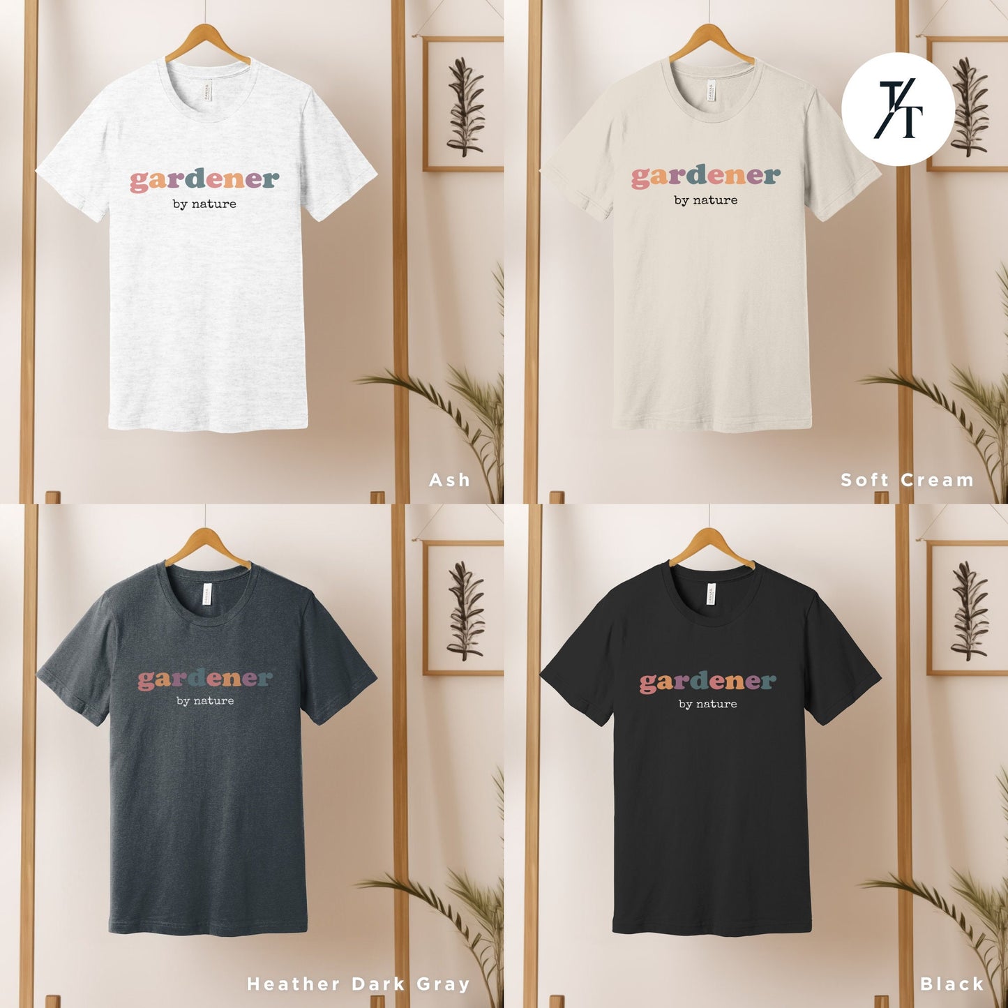 four t - shirts hanging on a wooden rack