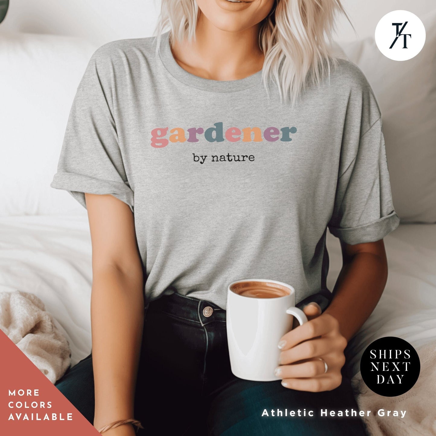 a woman sitting on a bed holding a cup of coffee, Gardener Nature tee, Gardener Shirt, Life is better in the garden tshirt, garden shirt bestseller, Gift For Mom, Plant Lady, Gardening Gift