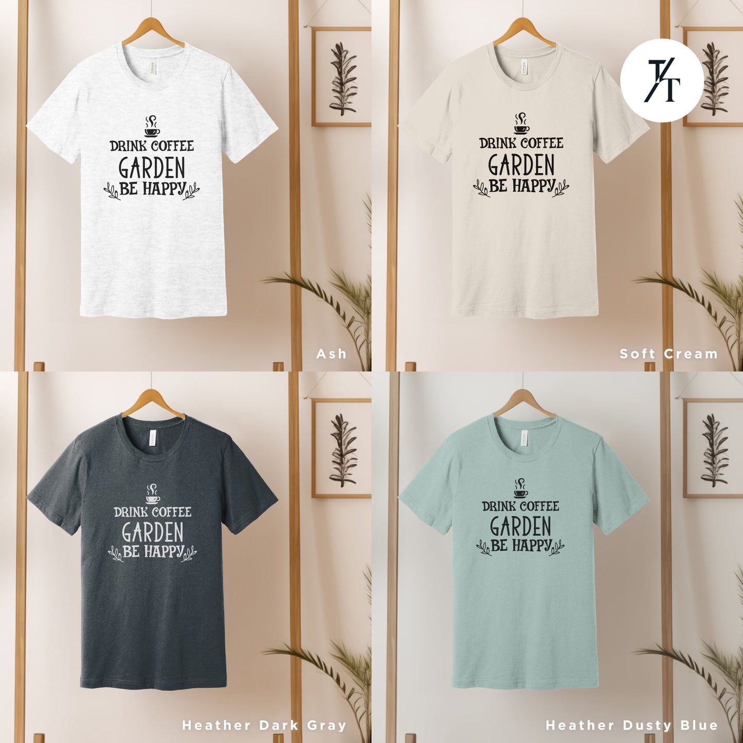 four t - shirts hanging on a wooden rack