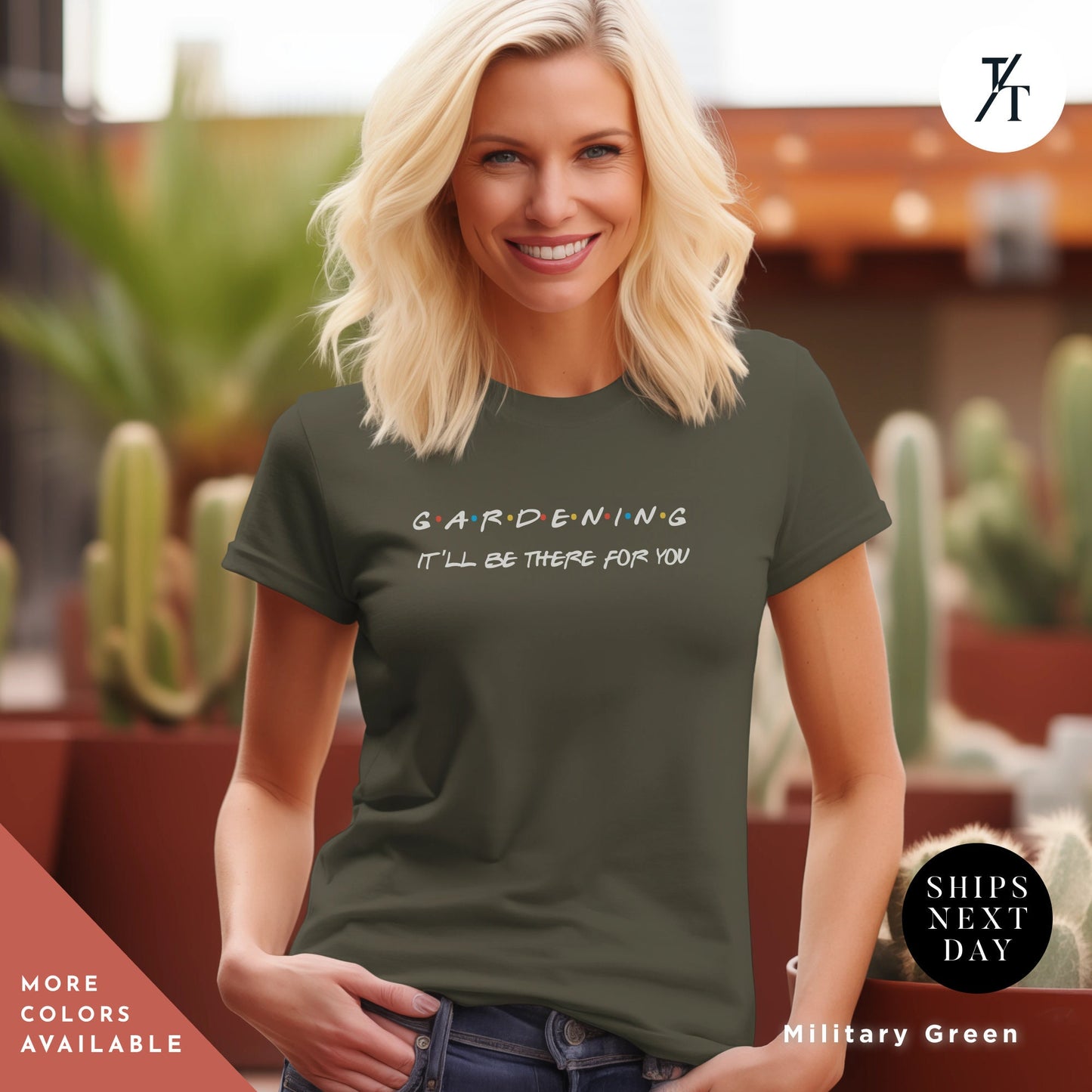 a woman wearing a t - shirt that says gardening