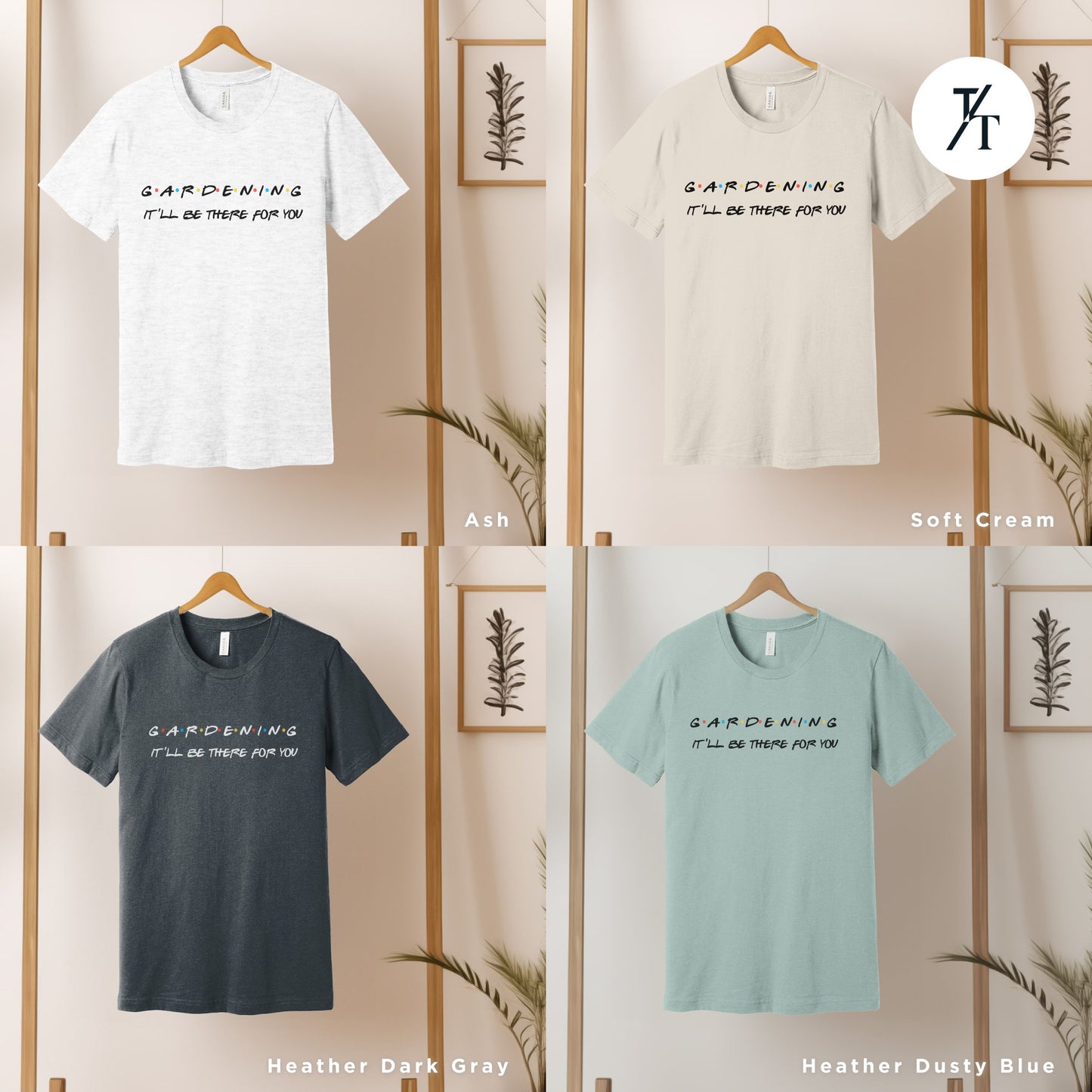 four different t - shirts hanging on a wall