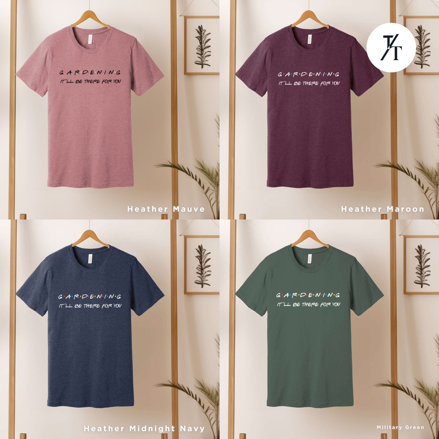 four different t - shirts hanging on a wall