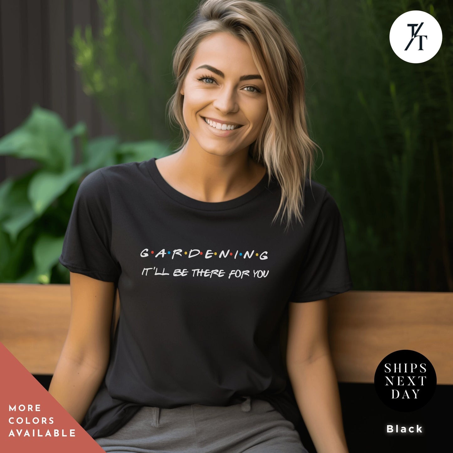 a woman sitting on a bench wearing a black gardening t - shirt, Funny gardening t-shirt, retro gardening shirt, Garden Shirt, Gift For Mom, Plant Lady, Garden Lover tee, Gardener tee, friends sitcom