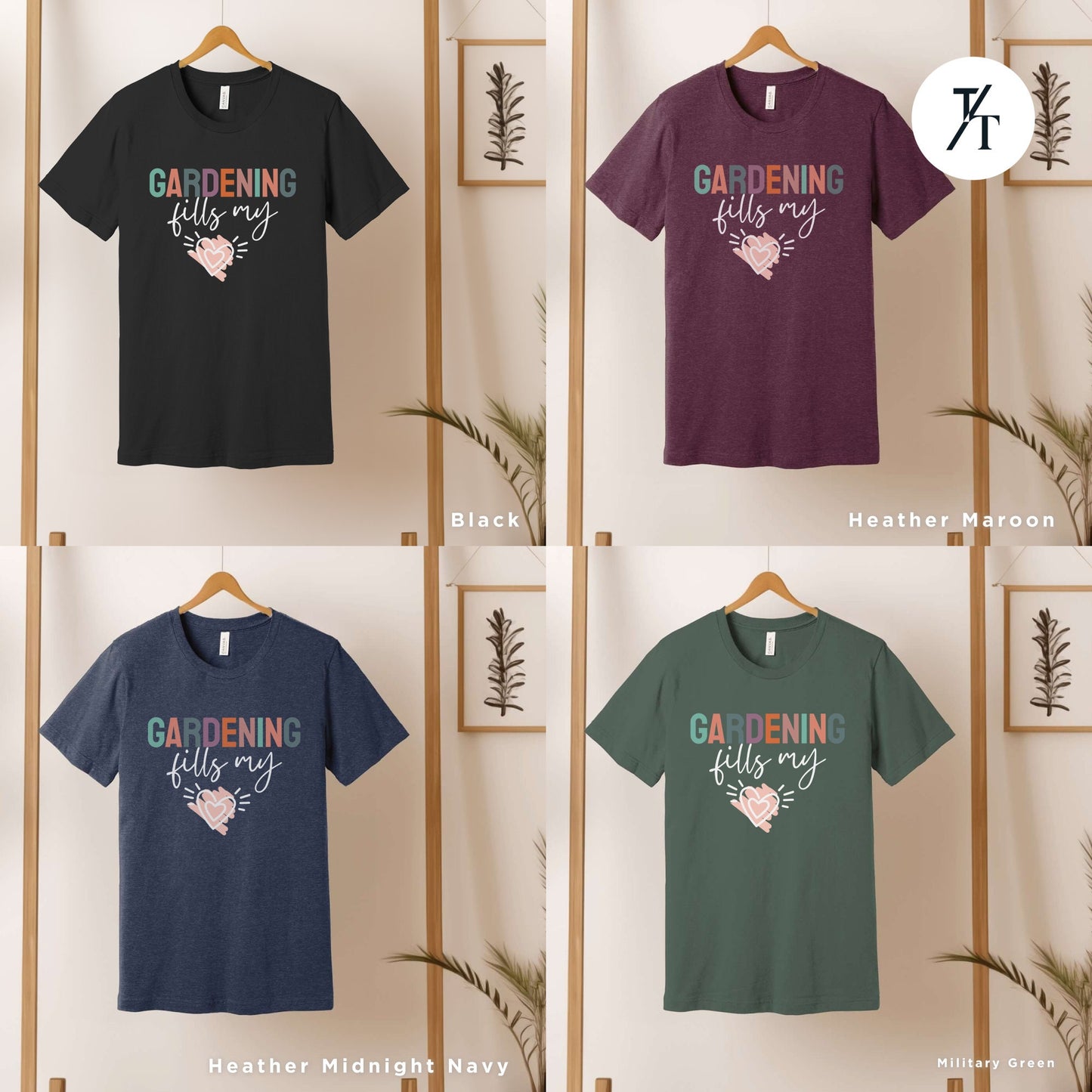 four t - shirts with the words gardening is my heart on them