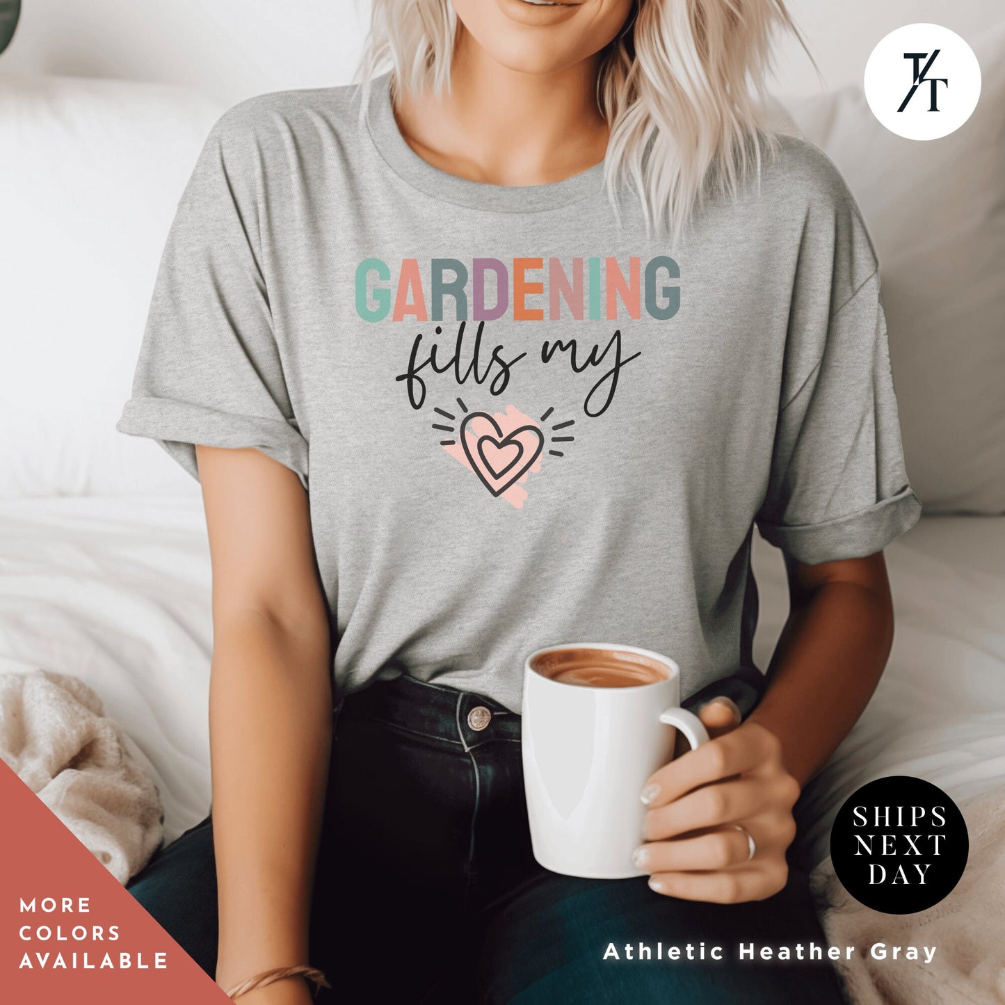 a woman sitting on a bed holding a cup of coffee