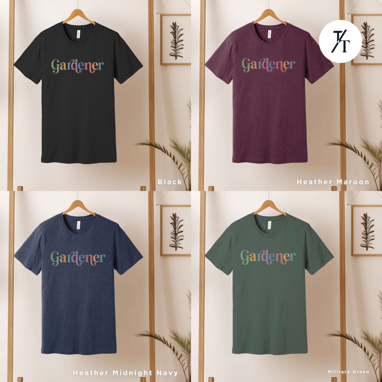 four t - shirts with the word gardener printed on them