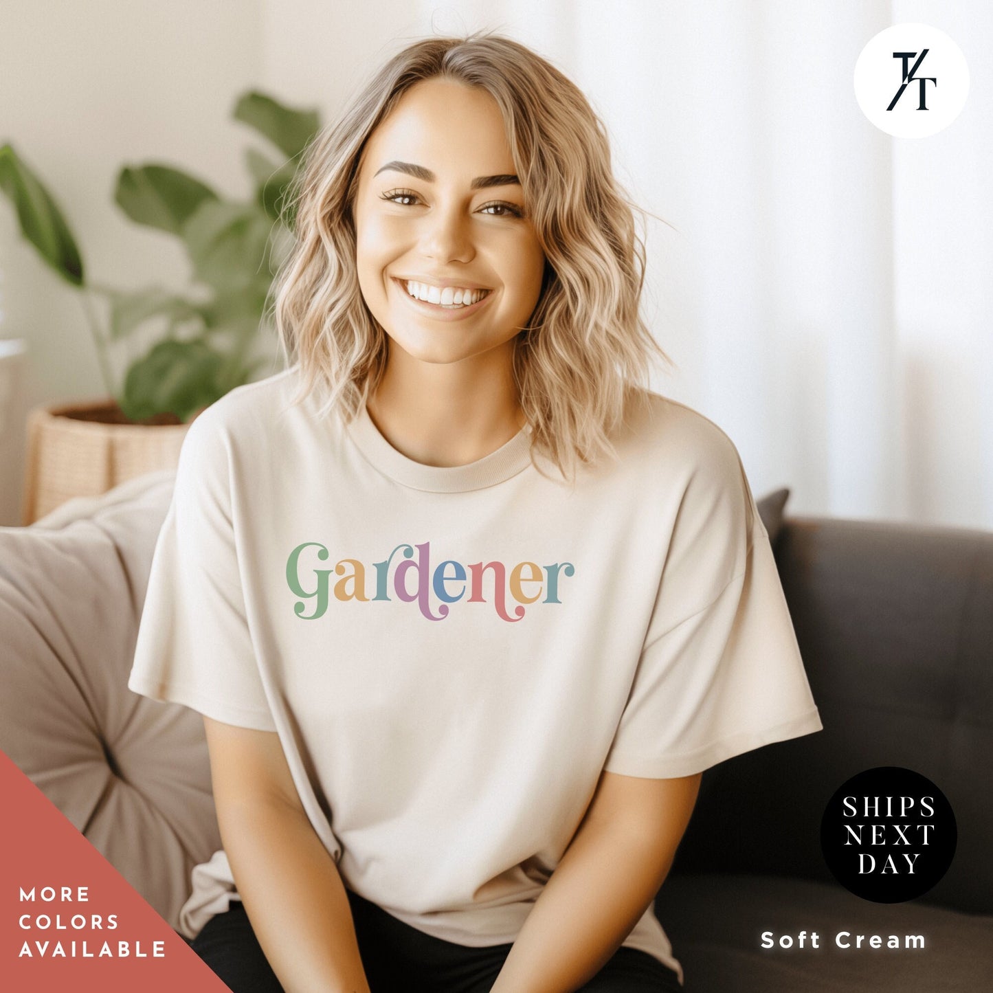 a woman sitting on a couch wearing a t - shirt that says garden, Retro Gardener Shirt, Gift For Gardener, Plant Lady Shirt, Botanical tee, Plant Mom tshirt, Garden tee, Garden Lover t-Shirt, Gardening Gift