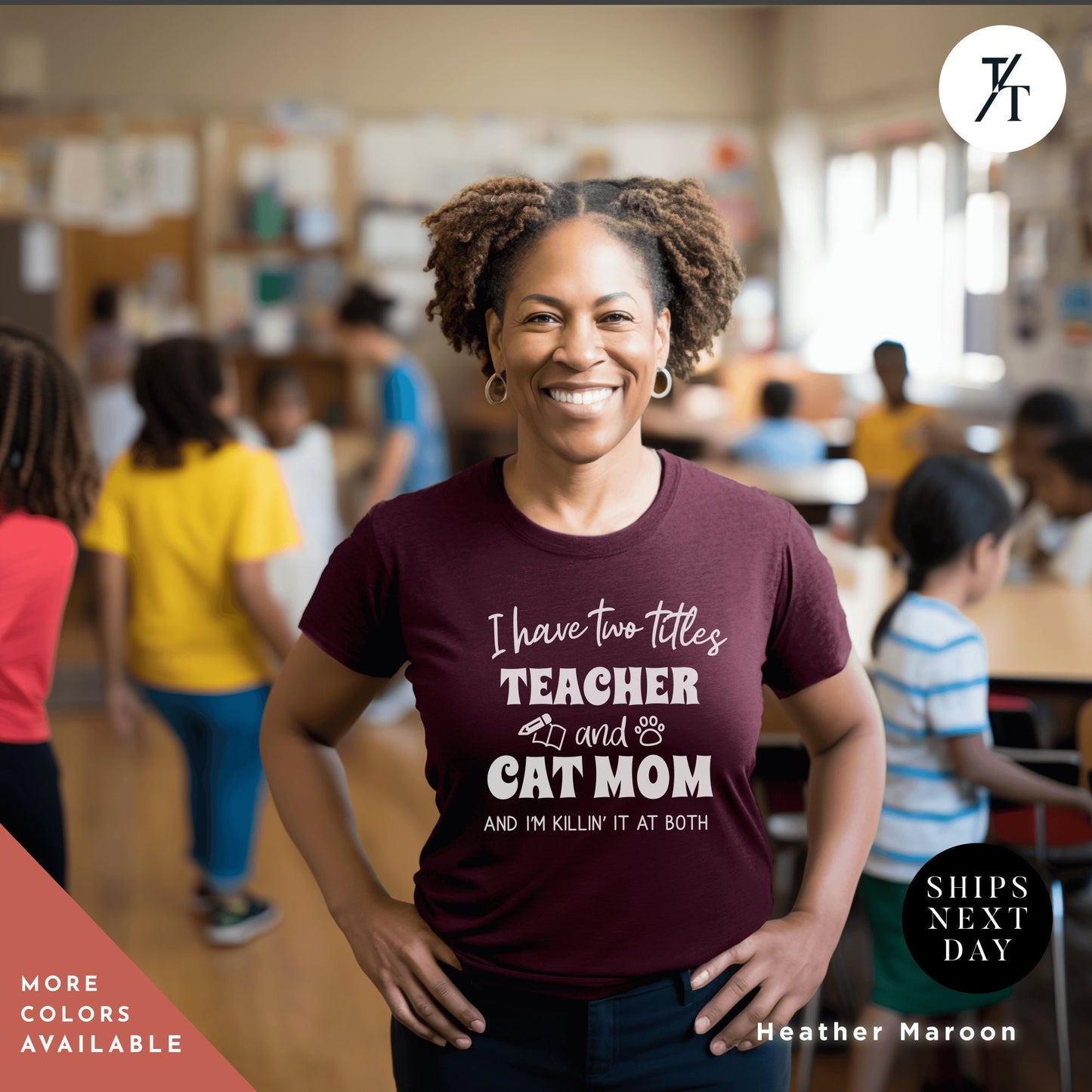 a woman wearing a t - shirt that says, i have four things teacher loves