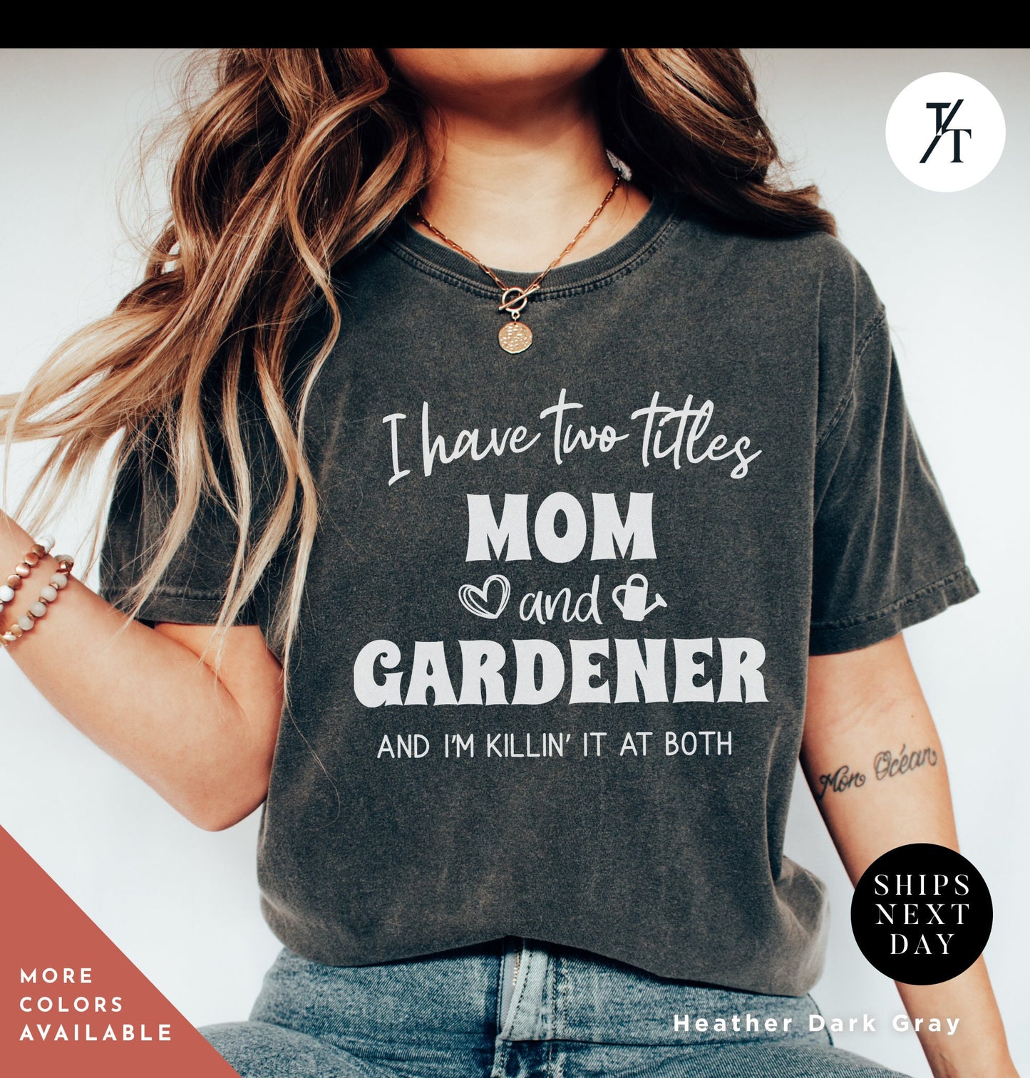 a woman wearing a t - shirt that says i have two titles mom and gardener, Gift For Mom, Gardener Shirt, Shirts For Garden Lover, Plant Lovers tshirt, Gardening Mom t-shirt, Gift For Gardener, Plant Lady tee