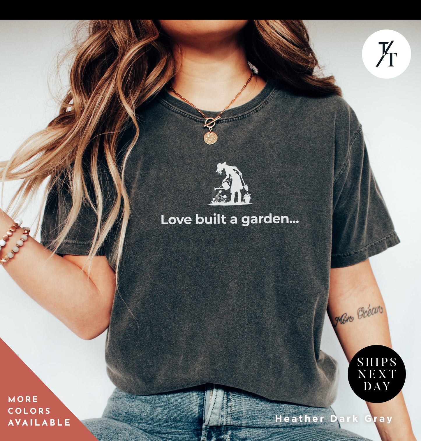 a woman wearing a shirt that says love built a garden, Love built a garden t-shirt, garden shirt bestseller, Gift For Mom, Plant Lady tee, Garden Lover Gift, Peace Love Garden, Farmer Shirt