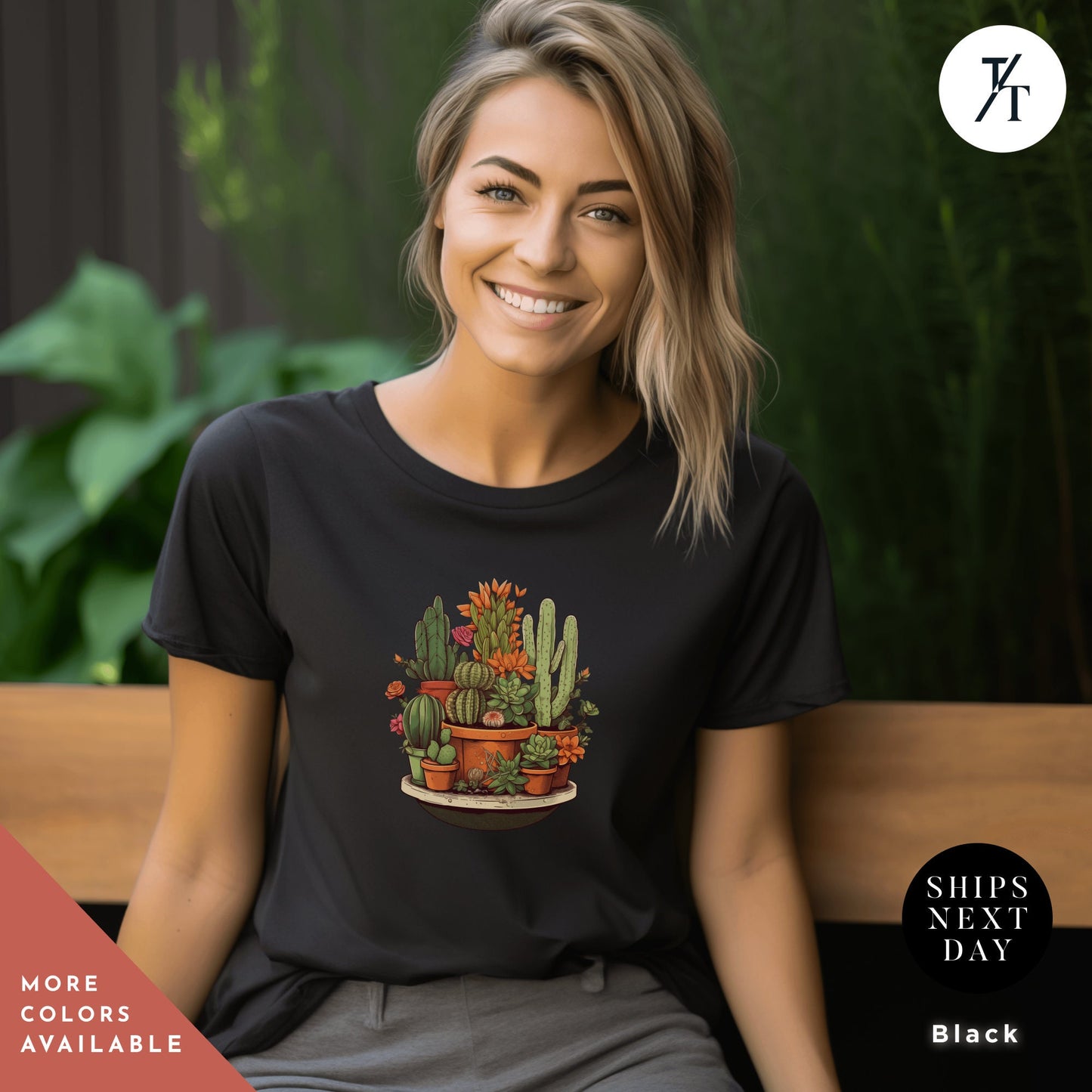 a woman sitting on a bench wearing a t - shirt with a succulent, Unisex Succulent Shirt, Plants Lover Shirt, plant dad tShirt, Succulent Plants Tee, Cactus Plant tShirt, Gardening Mom, Aesthetic t-Shirt