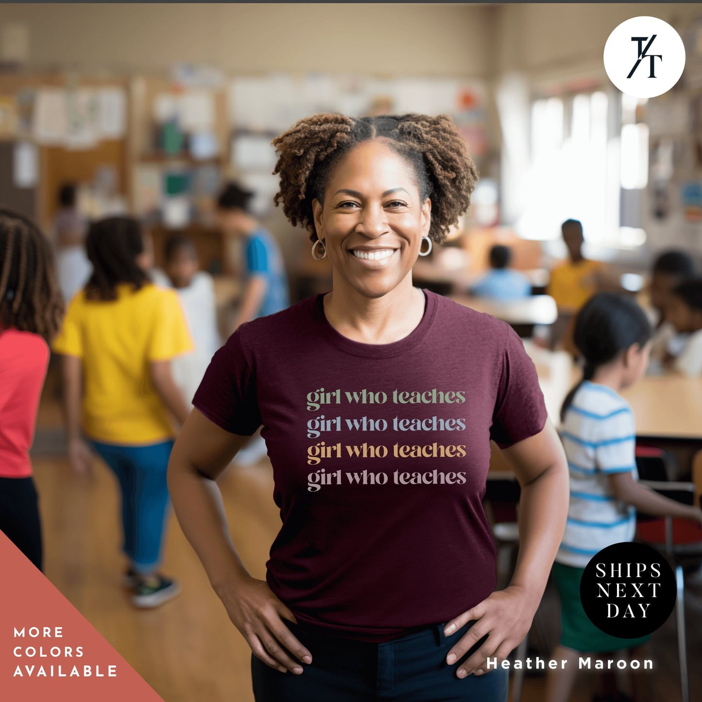 a woman standing in a classroom with her hands on her hips