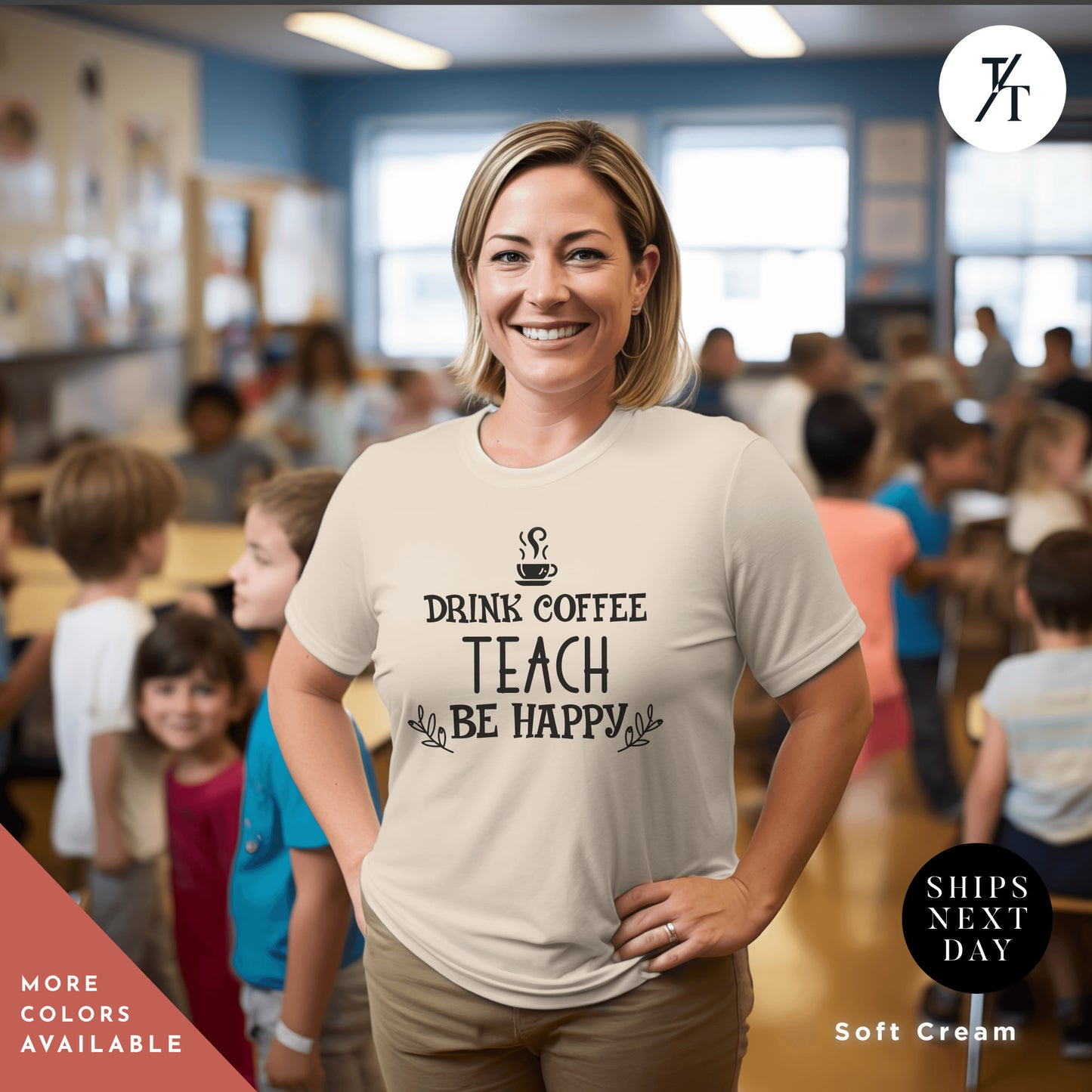 a woman wearing a t - shirt that says drink coffee teach be happy