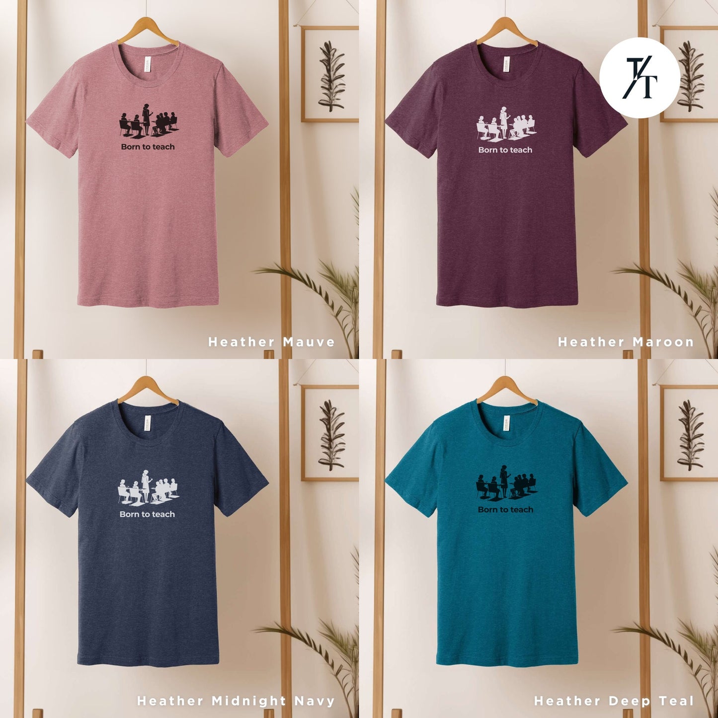 four t - shirts hanging on a wooden rack