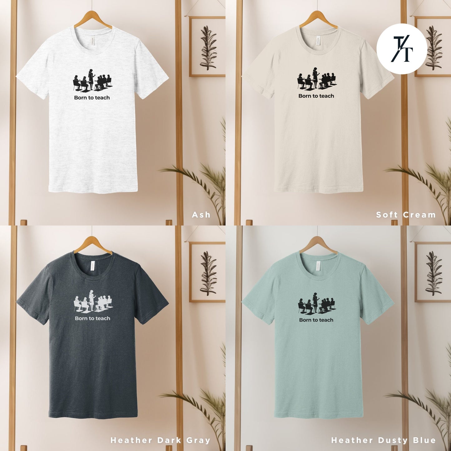 four different t - shirts hanging on a wall