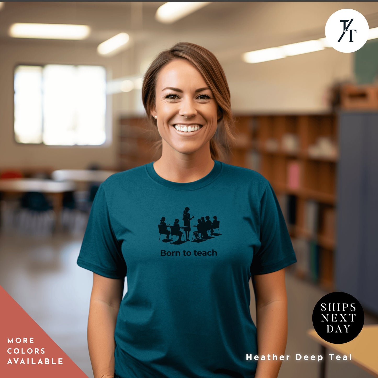a woman wearing a t - shirt that says born to teach