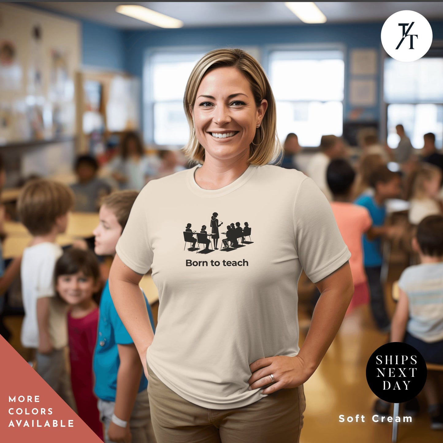 a woman standing in front of a group of children