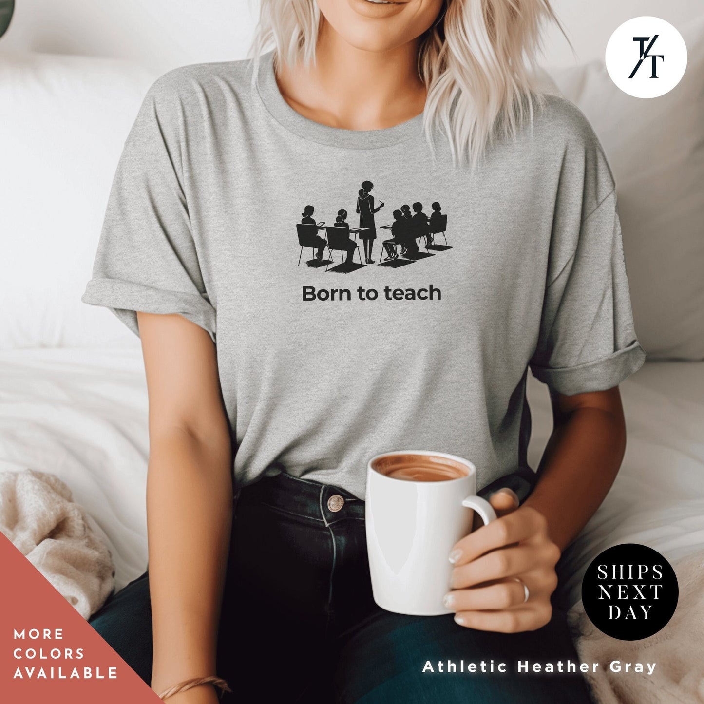 a woman sitting on a bed holding a cup of coffee