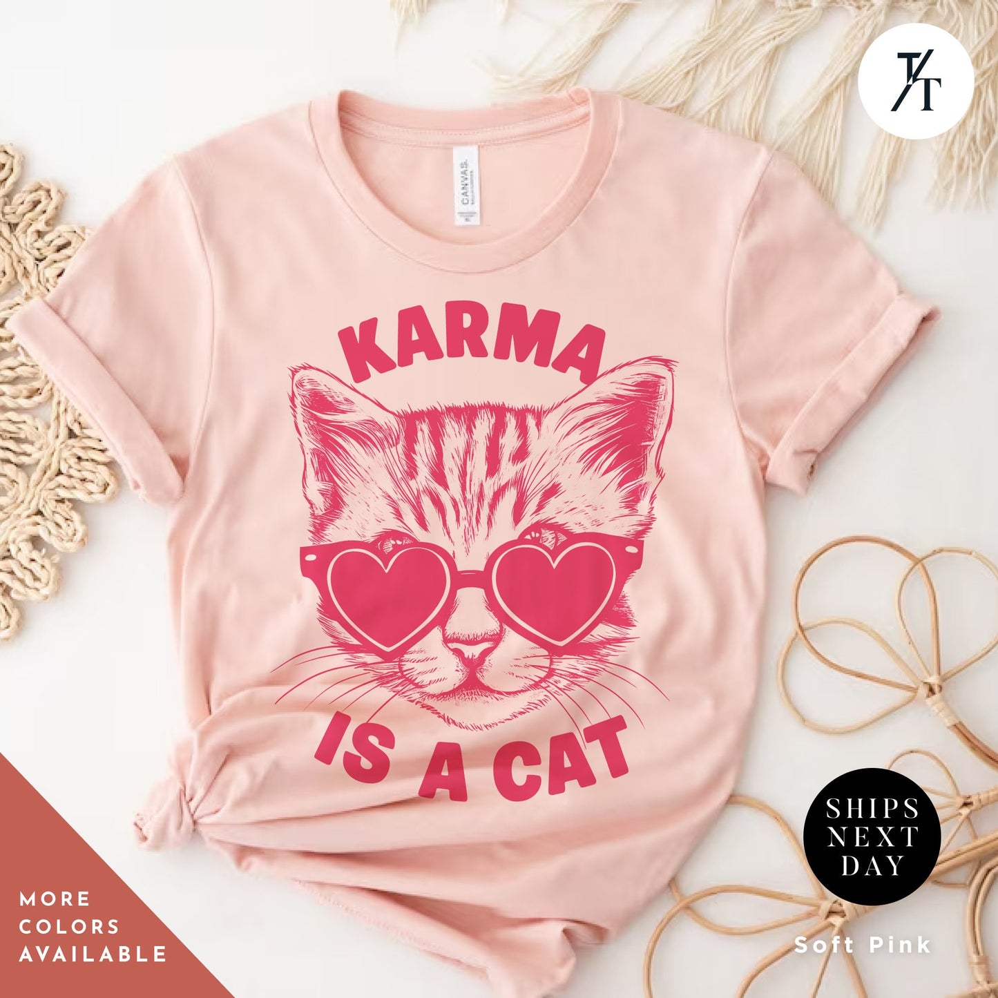a pink shirt with a cat wearing sunglasses, Karma is a cat tee, Funny Cat Lovers Shirt, Gift For Music Lover, Funny Karma Vibes T-Shirt, Positive Quote Tee, Music Lover TShirt