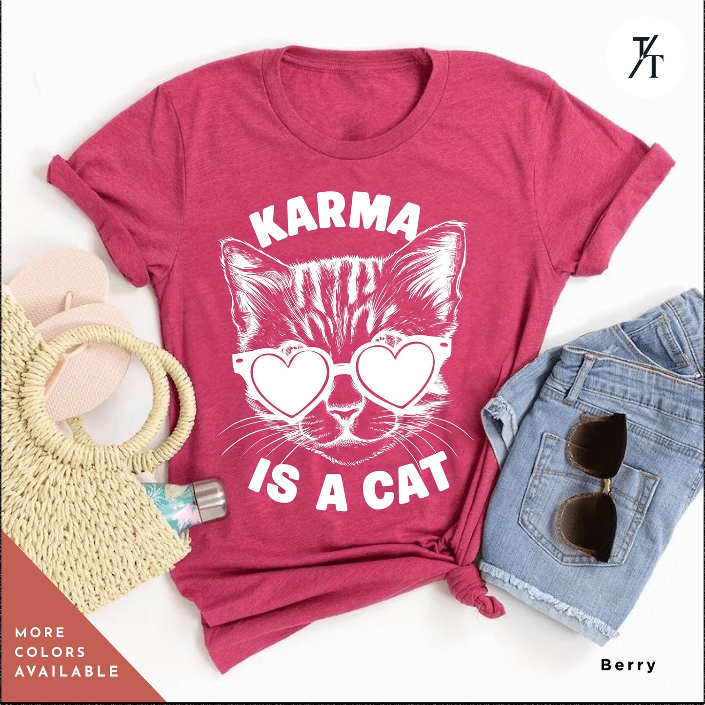 a t - shirt with a cat wearing glasses, Karma is a cat tee, Funny Cat Lovers Shirt, Gift For Music Lover, Funny Karma Vibes T-Shirt, Positive Quote Tee, Music Lover TShirt