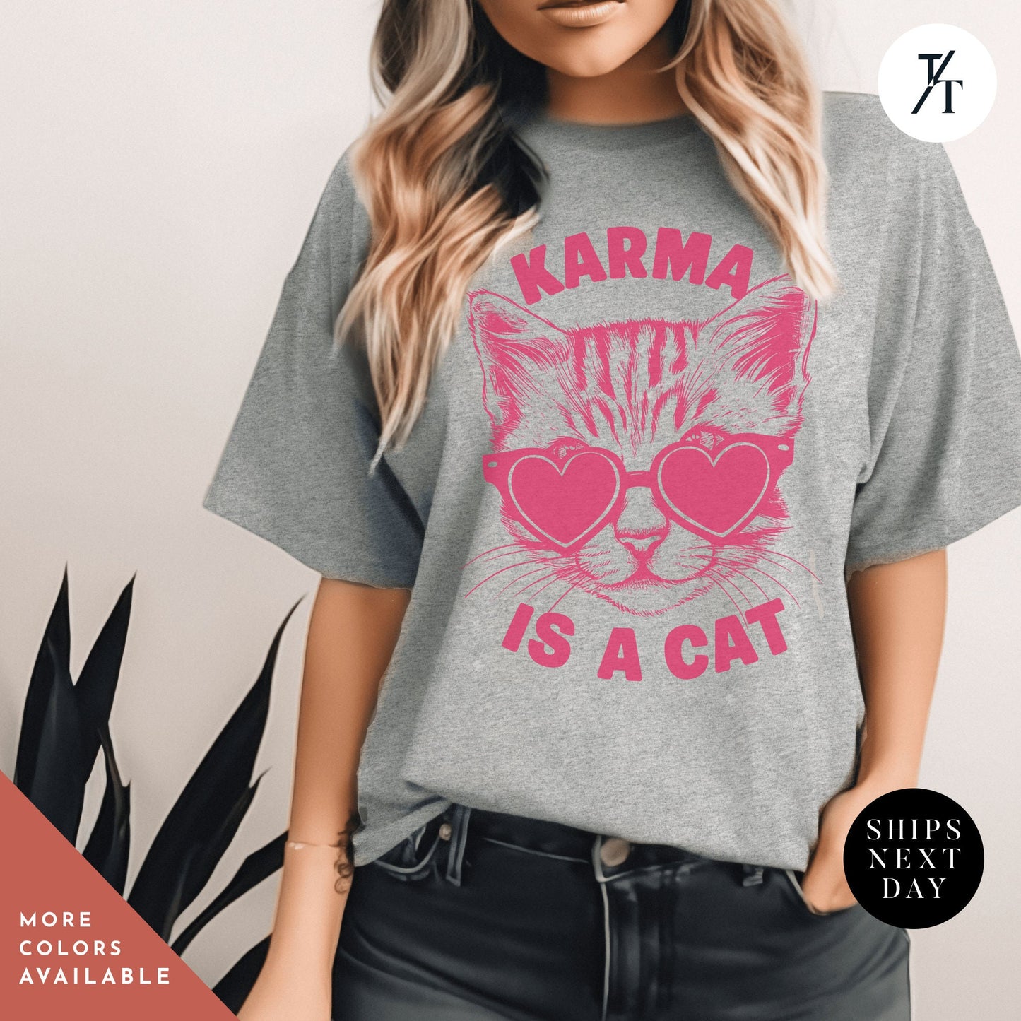 a woman wearing a gray shirt with a pink cat on it, Karma is a cat tee, Funny Cat Lovers Shirt, Gift For Music Lover, Funny Karma Vibes T-Shirt, Positive Quote Tee, Music Lover TShirt
