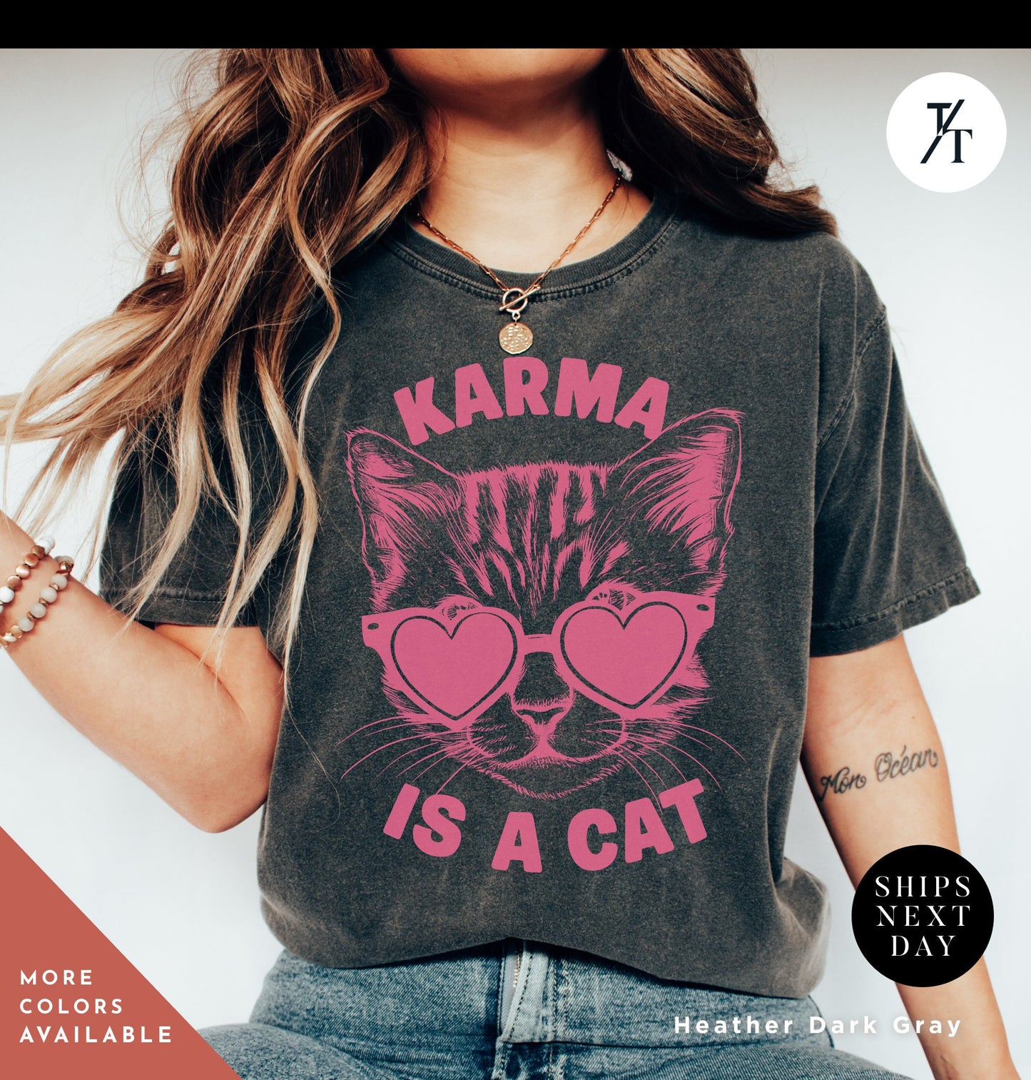 a woman wearing a t - shirt with a cat on it, Karma is a cat tee, Funny Cat Lovers Shirt, Gift For Music Lover, Funny Karma Vibes T-Shirt, Positive Quote Tee, Music Lover TShirt