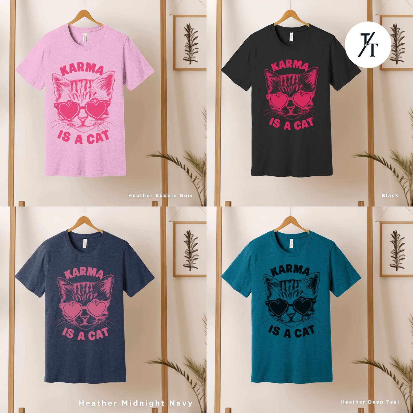 a group of t - shirts hanging on a wall, Karma is a cat tee, Funny Cat Lovers Shirt, Gift For Music Lover, Funny Karma Vibes T-Shirt, Positive Quote Tee, Music Lover TShirt