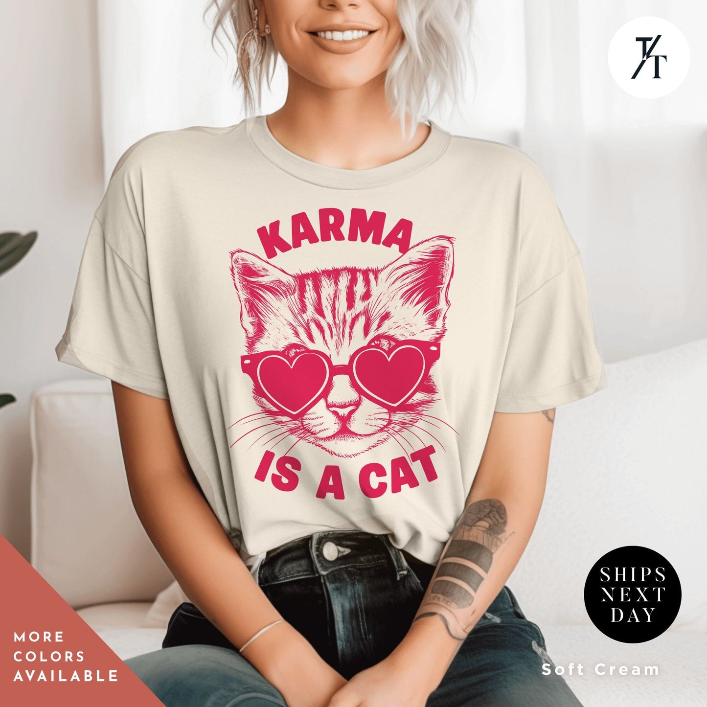 a woman sitting on a couch wearing a t - shirt with a cat wearing glasses, Karma is a cat tee, Funny Cat Lovers Shirt, Gift For Music Lover, Funny Karma Vibes T-Shirt, Positive Quote Tee, Music Lover TShirt