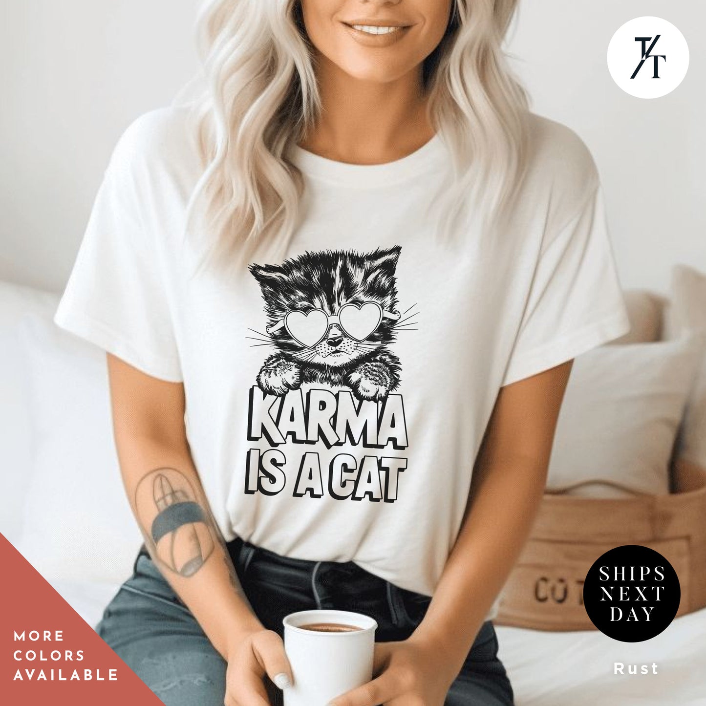 a woman sitting on a bed holding a cup of coffee, Karma is a cat tee, Funny Cat Lovers Shirt, Gift For Music Lover, Funny Karma Vibes T-Shirt, Positive Quote Tee, Music Lover TShirt