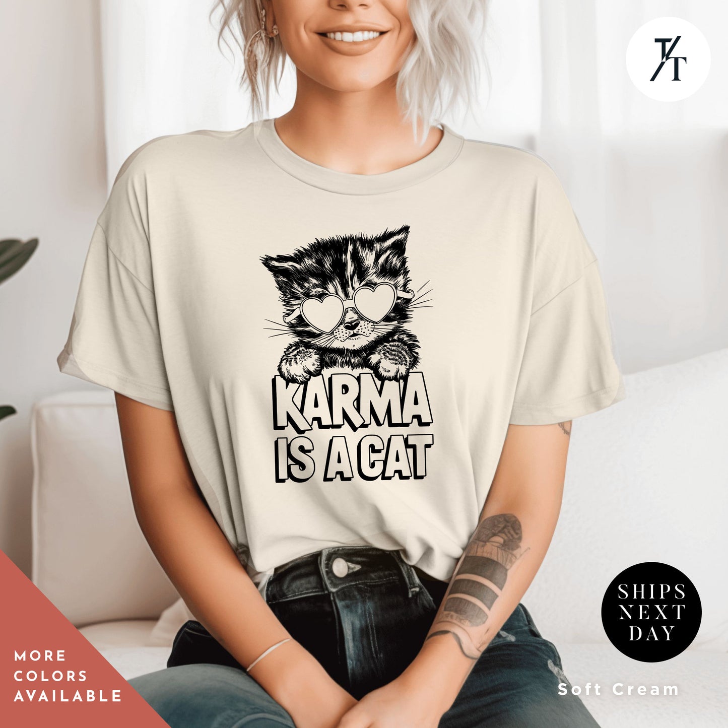 a woman sitting on a couch wearing a t - shirt with a picture of a, Karma is a cat tee, Funny Cat Lovers Shirt, Gift For Music Lover, Funny Karma Vibes T-Shirt, Positive Quote Tee, Music Lover TShirt