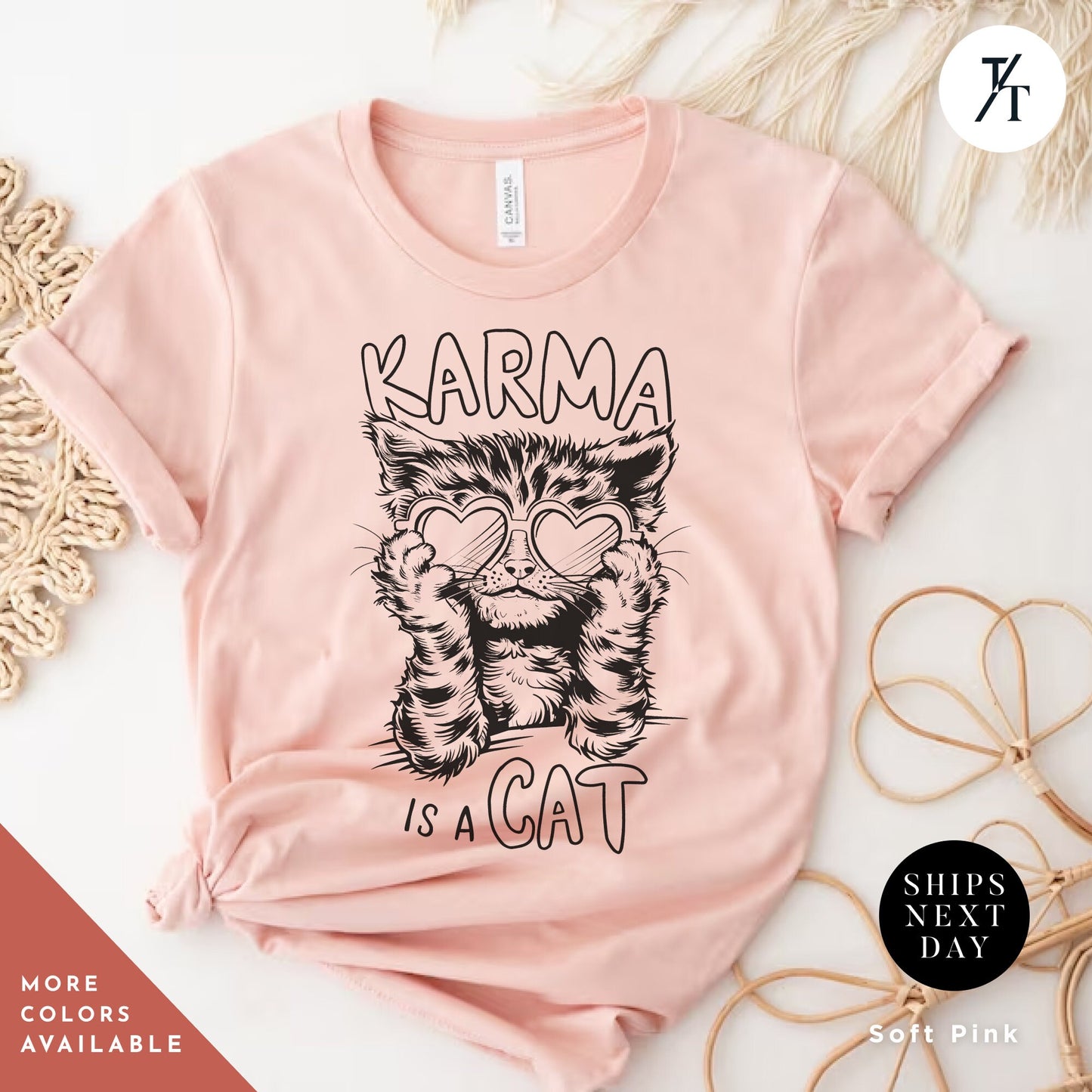 a pink t - shirt with a picture of a cat wearing glasses, Karma is a cat tee, Funny Cat Lovers Shirt, Gift For Music Lover, Funny Karma Vibes T-Shirt, Positive Quote Tee, Music Lover TShirt