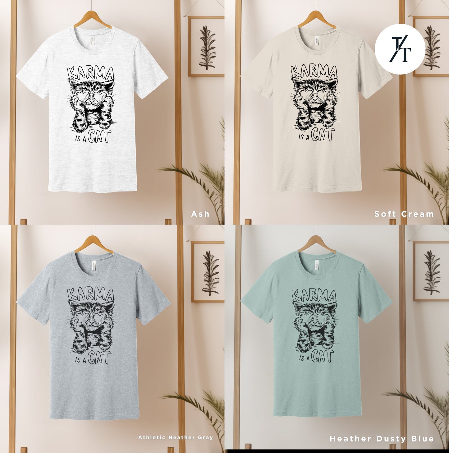 four t - shirts of different colors with a picture of a tiger on the front, Karma is a cat tee, Funny Cat Lovers Shirt, Gift For Music Lover, Funny Karma Vibes T-Shirt, Positive Quote Tee, Music Lover TShirt