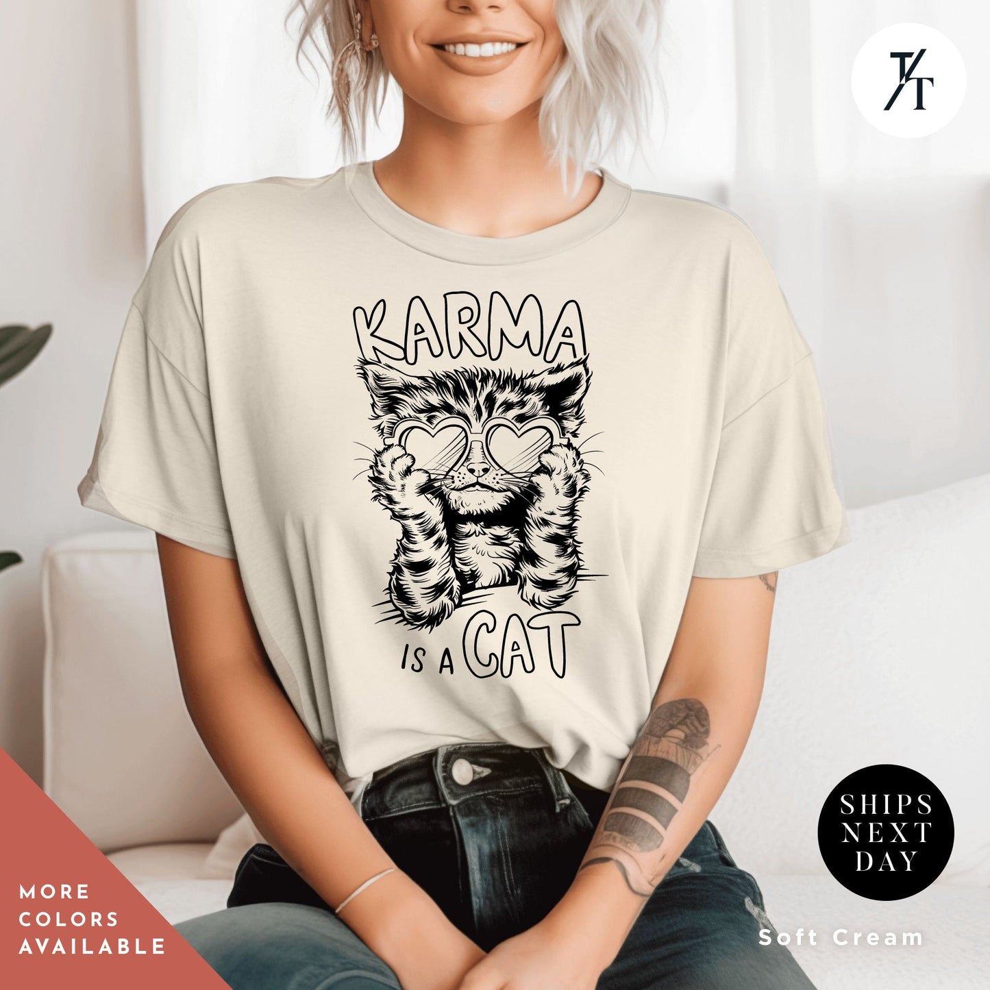 a woman sitting on a couch wearing a t - shirt that says karma is a, Karma is a cat tee, Funny Cat Lovers Shirt, Gift For Music Lover, Funny Karma Vibes T-Shirt, Positive Quote Tee, Music Lover TShirt