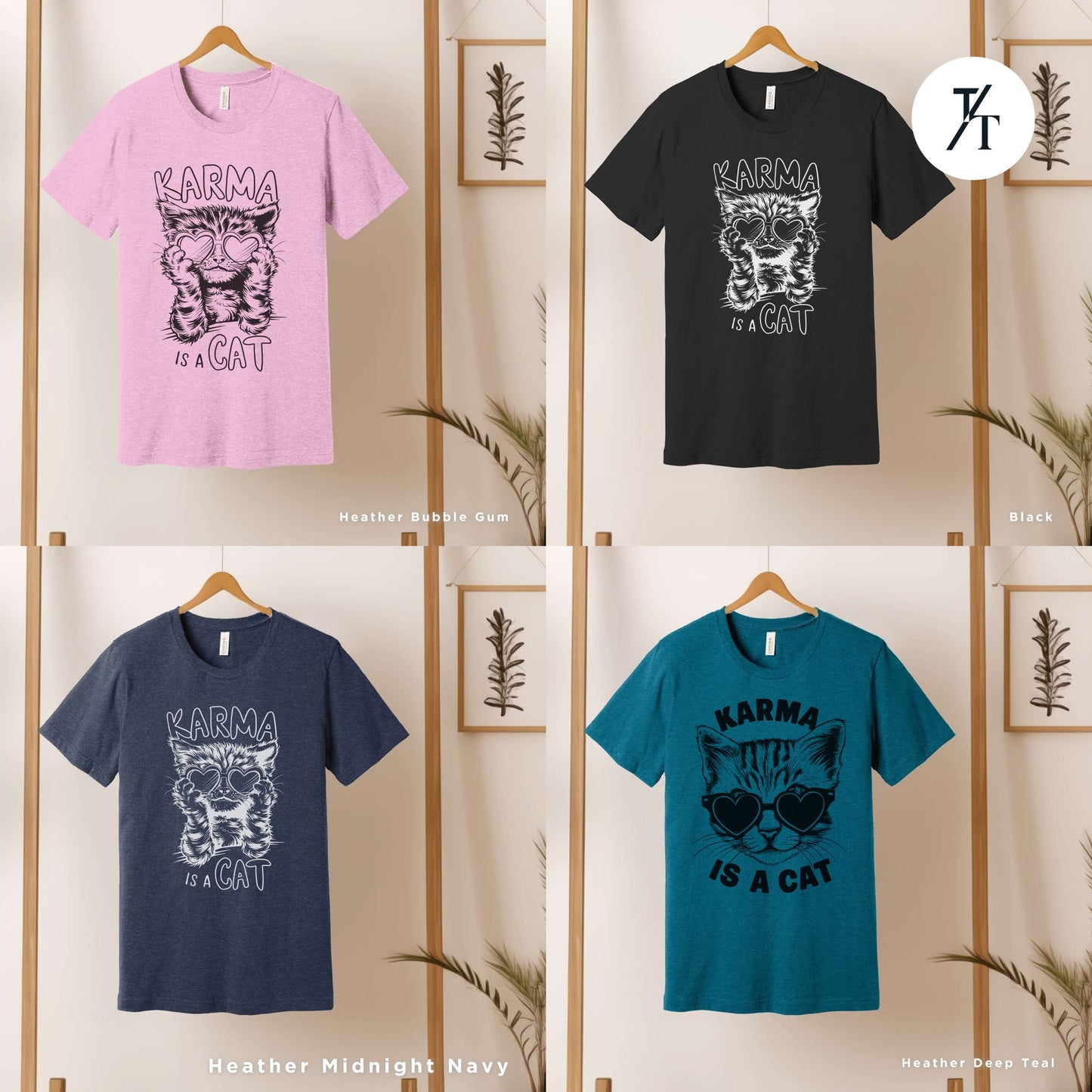 a group of t - shirts hanging on a wall, Karma is a cat tee, Funny Cat Lovers Shirt, Gift For Music Lover, Funny Karma Vibes T-Shirt, Positive Quote Tee, Music Lover TShirt