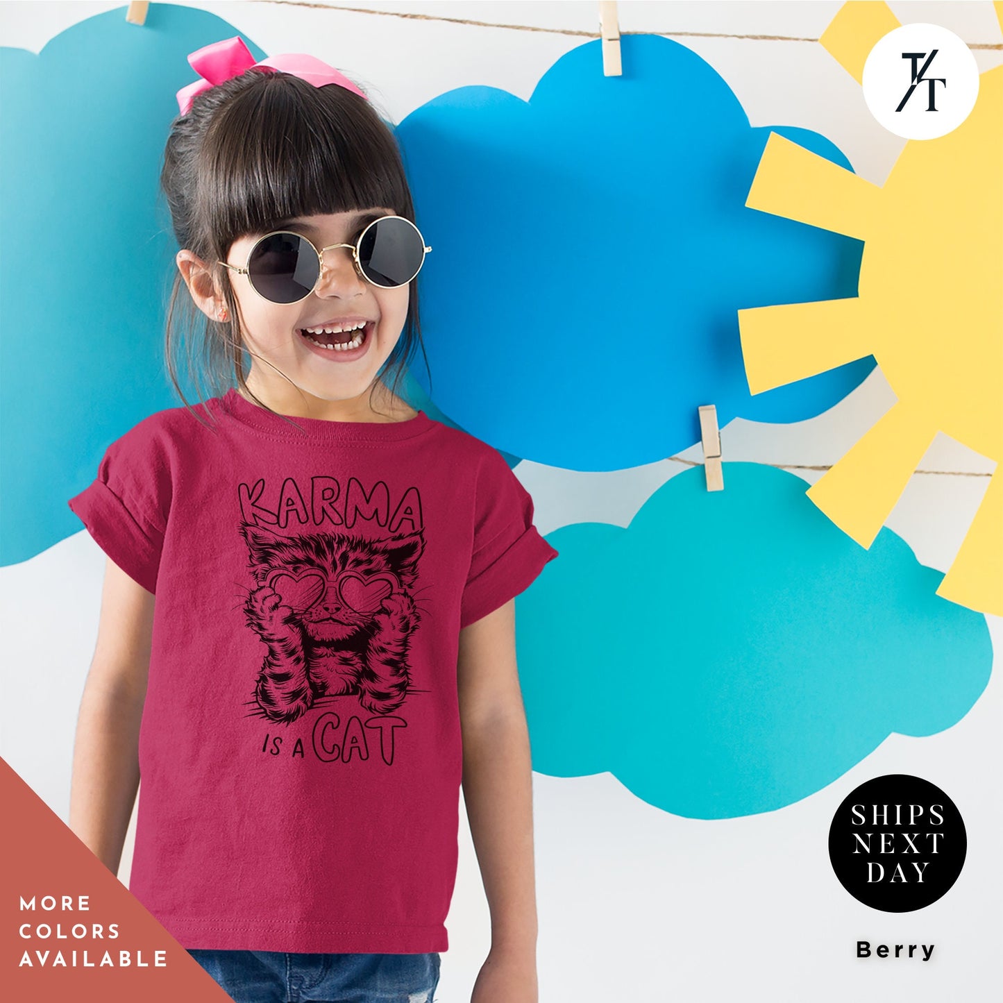 a little girl wearing a red shirt with a picture of a cat on it, Karma Is A Cat Shirt, Kid Taylor Shirt, Eras Tour children's tee, Kids Swiftie tShirt, Little Swiftie tee, girls concert tShirt Youth