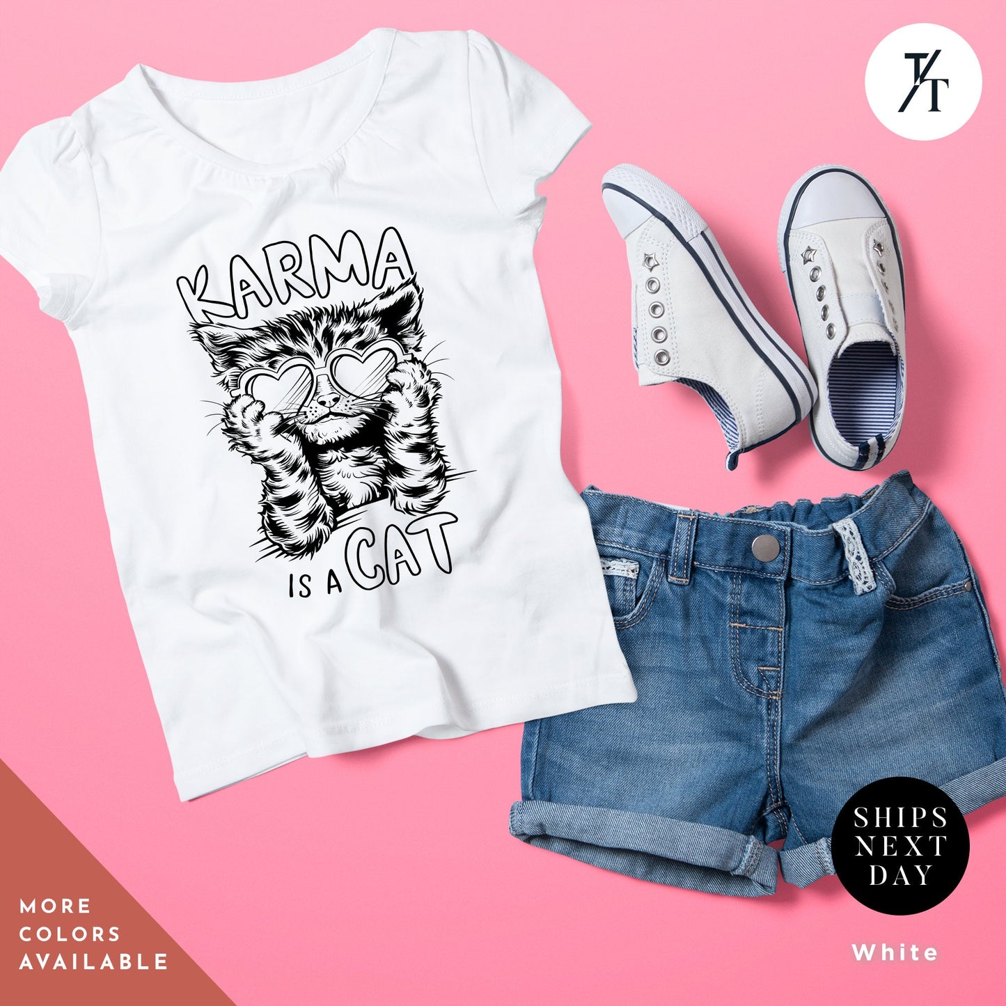 a t - shirt, shorts, and sneakers on a pink background, Karma Is A Cat Shirt, Kid Taylor Shirt, Eras Tour children's tee, Kids Swiftie tShirt, Little Swiftie tee, girls concert tShirt Youth