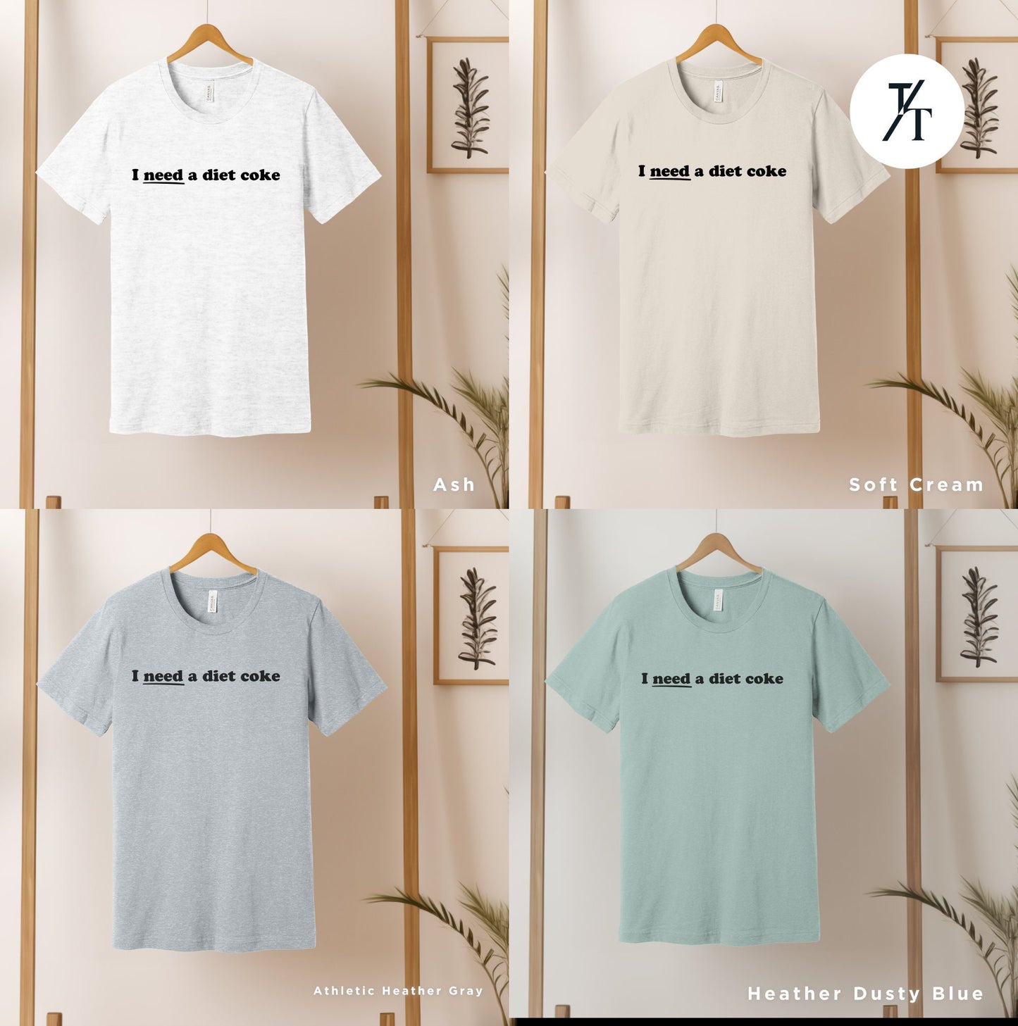 four t - shirts hanging on a wall with a plant in front of them, I need diet coke, Diet Coke Shirt, Diet Coke Pink Bow Tshirt, Diet Coca Cola Shirt Diet Coke Lover, Trendy Tshirt, Gift For Her, Coca Cola