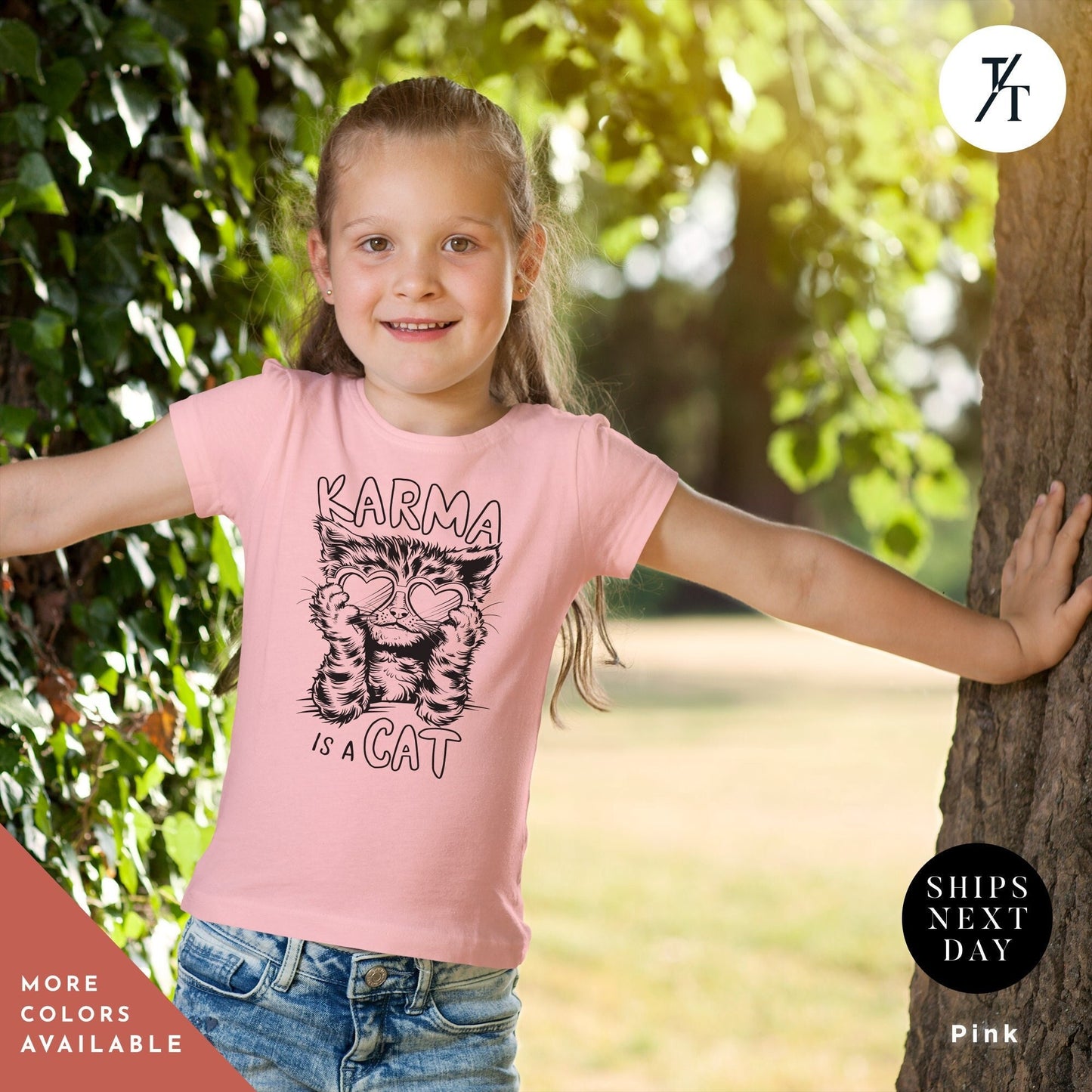 a little girl standing next to a tree, Karma Is A Cat Shirt, Kid Taylor Shirt, Eras Tour children's tee, Kids Swiftie tShirt, Little Swiftie tee, girls concert tShirt Youth