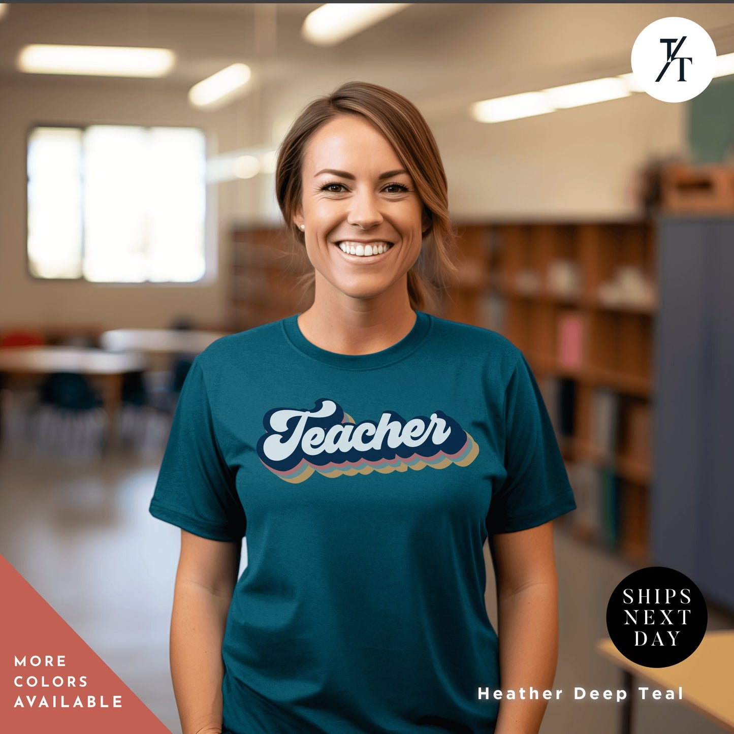 a woman wearing a teacher shirt in a library, Teacher Team T-Shirt, teacher t shirt best seller, Last Day Of School, Teacher tShirts, Test Day Shirt, Teacher Tee, Back To School