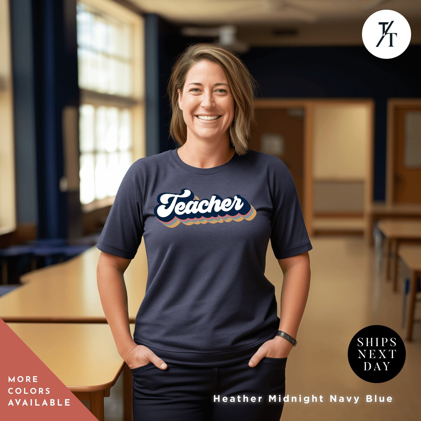 a woman standing in front of a table wearing a t - shirt, Teacher Team T-Shirt, teacher t shirt best seller, Last Day Of School, Teacher tShirts, Test Day Shirt, Teacher Tee, Back To School