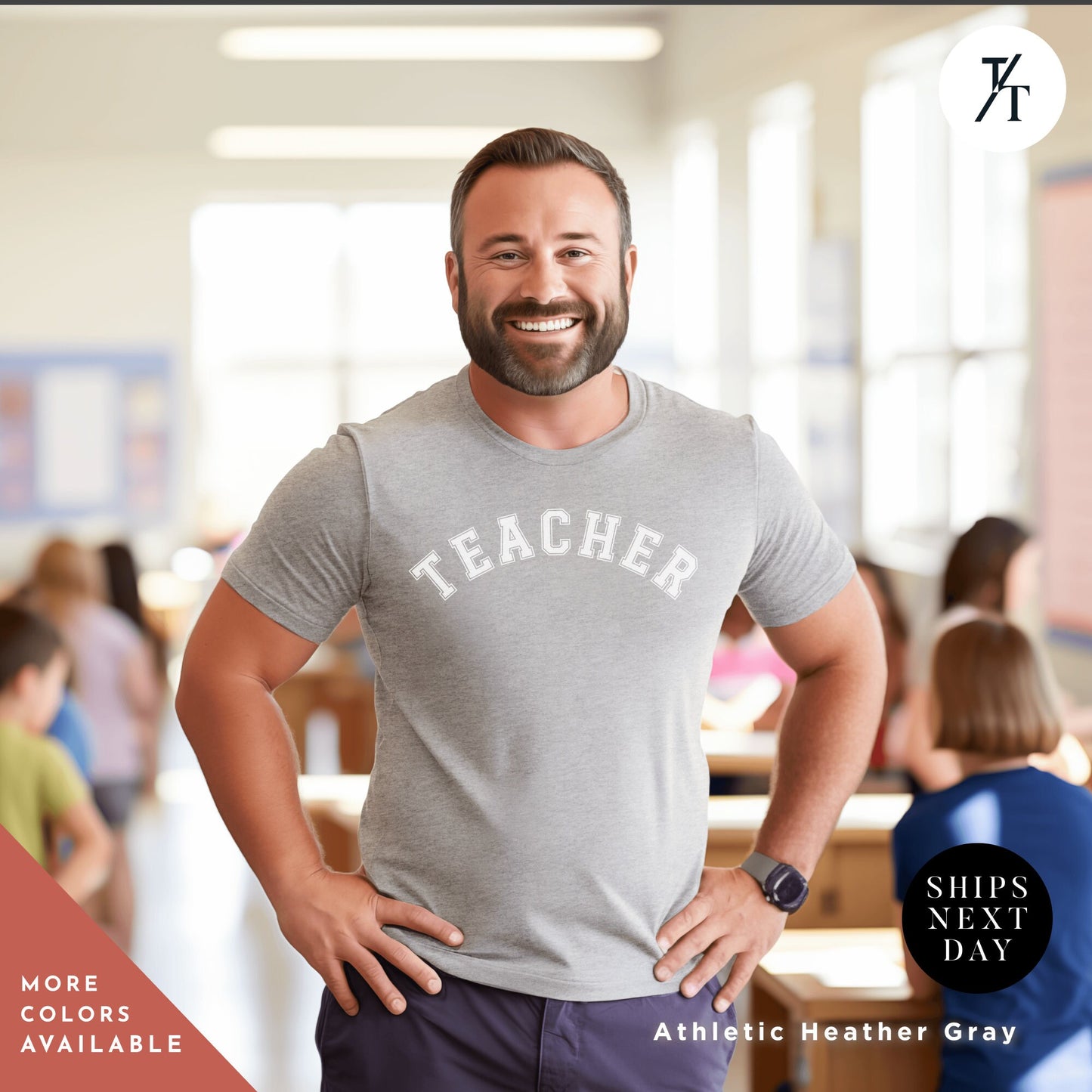 a man with his hands on his hips standing in a classroom