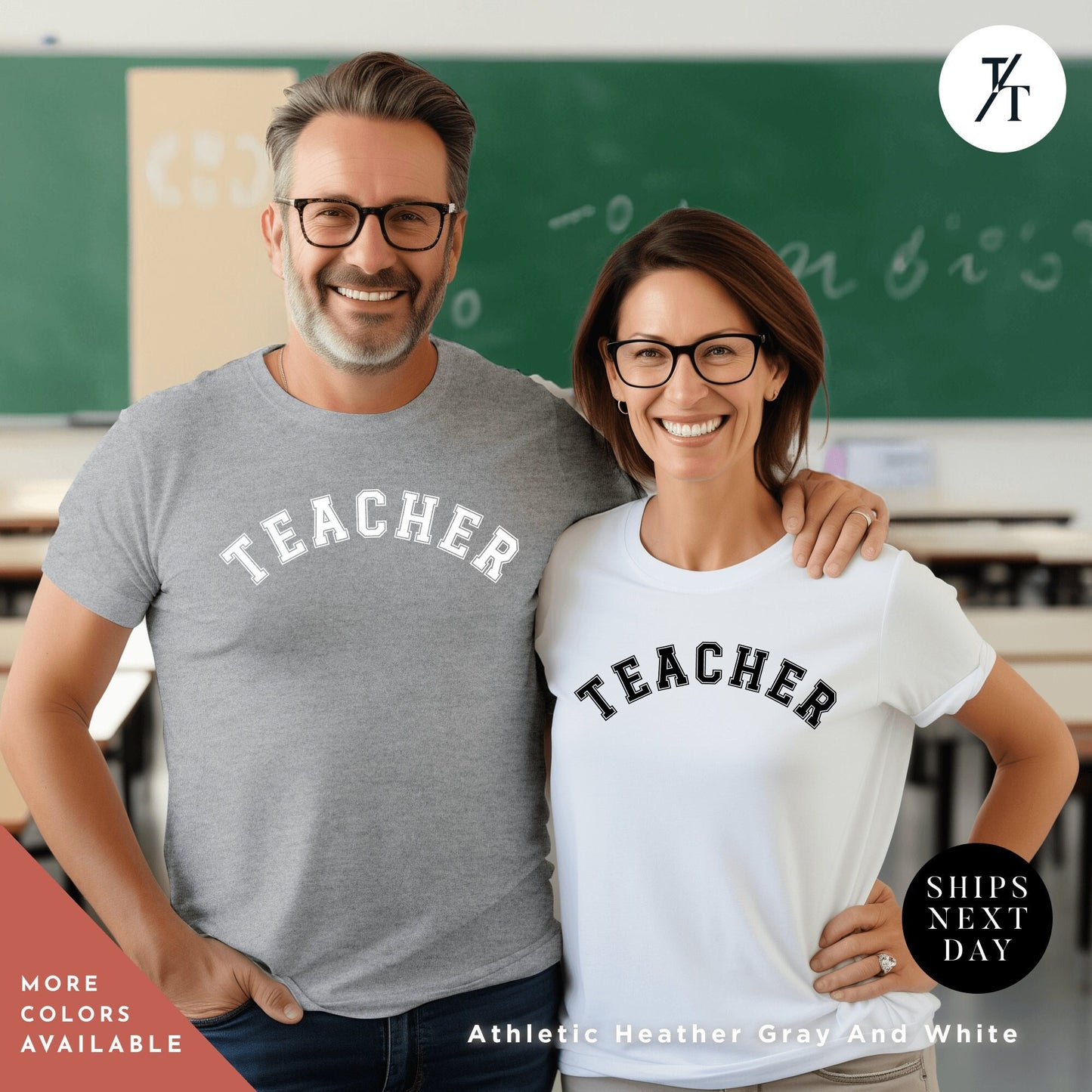 a man and a woman standing next to each other in front of a chalkboard