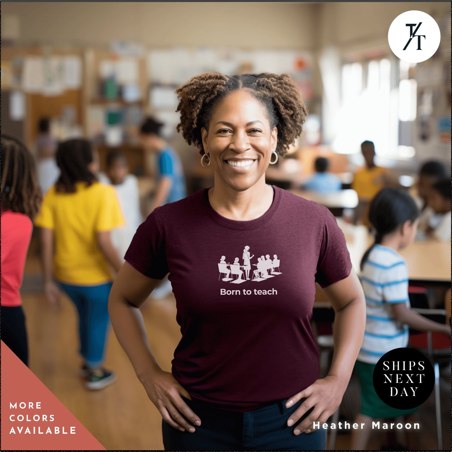 a woman standing in a classroom with her hands on her hips