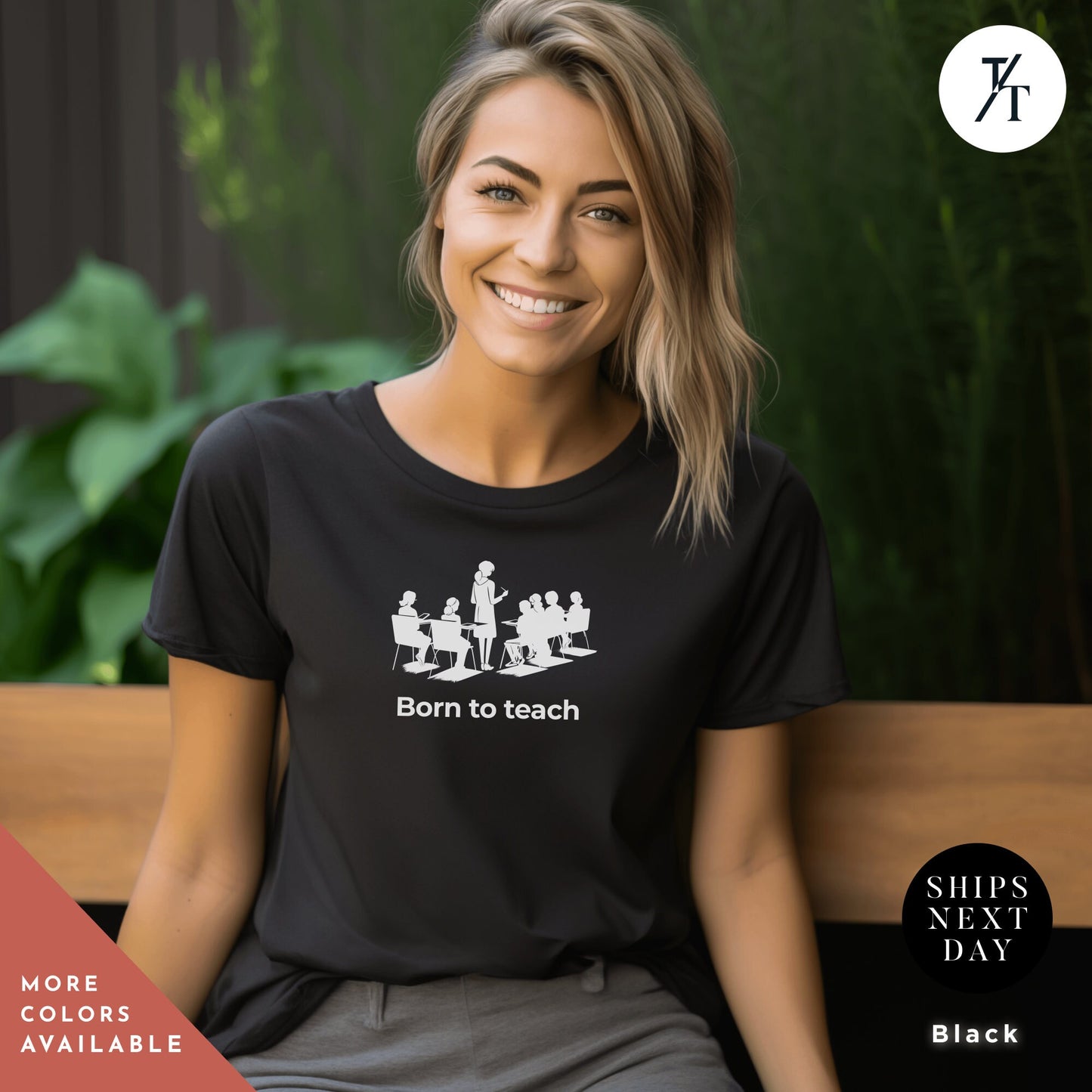 a woman sitting on a bench wearing a t - shirt that says born to teach