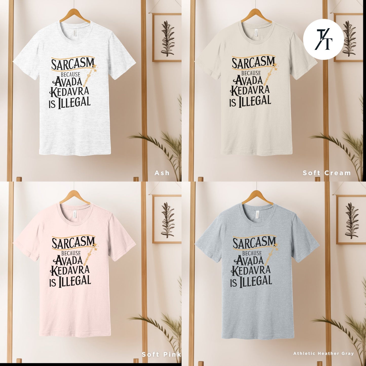 four different t - shirts with different sayings on them, avada kedavra shirt, sarcasm because avada kedavra is illegal shirt, Wizard School tshirt, Pottery tee, Bookish Reader tee, Gift For Reader