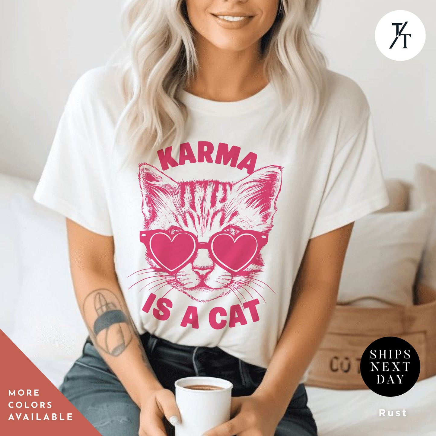 a woman sitting on a bed holding a cup of coffee, Karma is a cat tee, Funny Cat Lovers Shirt, Gift For Music Lover, Funny Karma Vibes T-Shirt, Positive Quote Tee, Music Lover TShirt