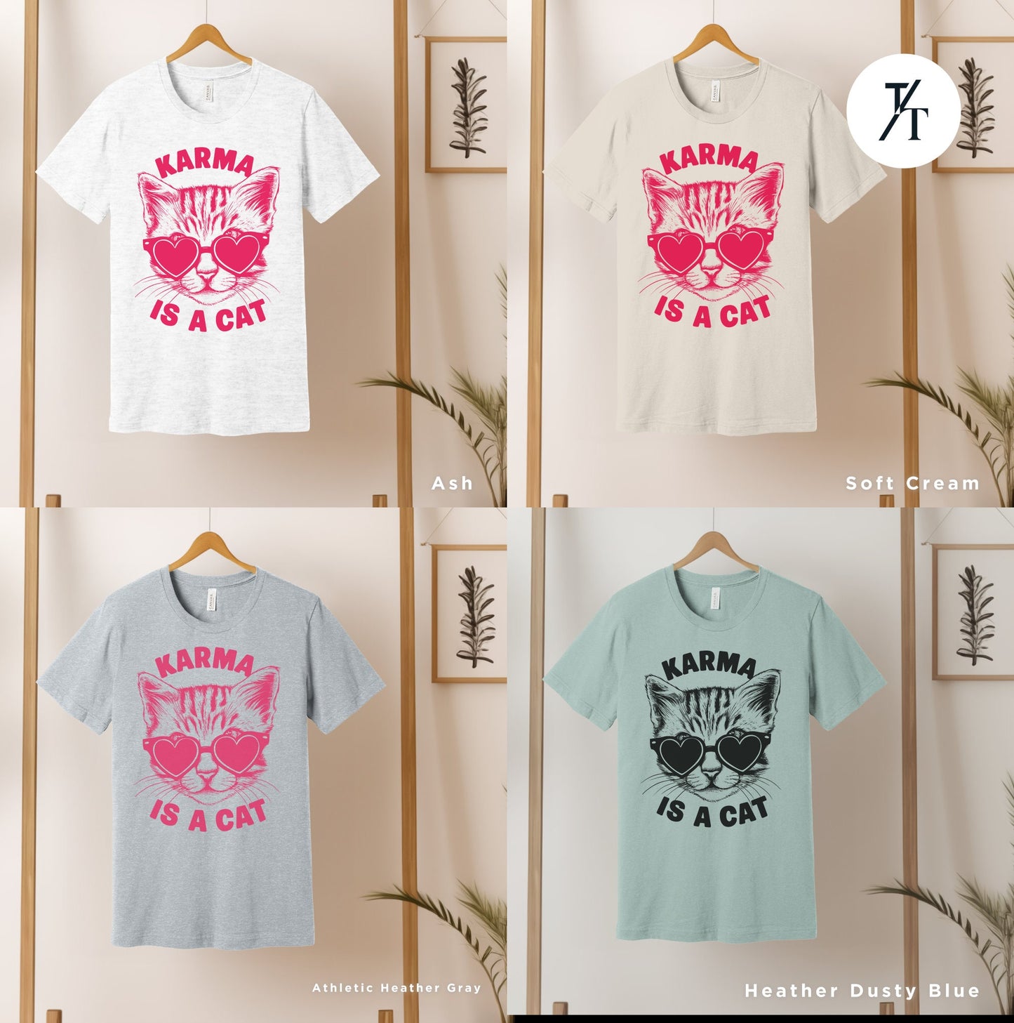 a series of t - shirts with cats on them, Karma is a cat tee, Funny Cat Lovers Shirt, Gift For Music Lover, Funny Karma Vibes T-Shirt, Positive Quote Tee, Music Lover TShirt