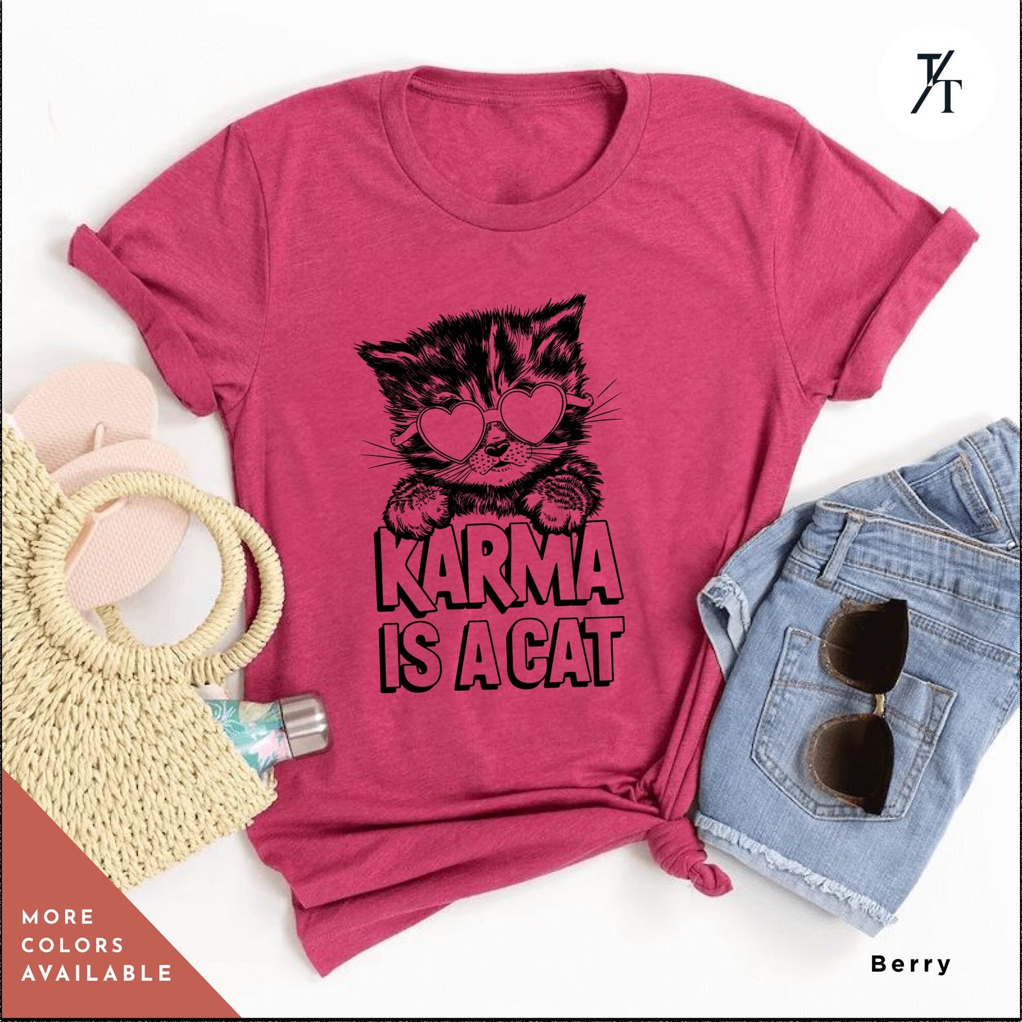 a pink shirt with a cat saying karma is a cat, Karma is a cat tee, Funny Cat Lovers Shirt, Gift For Music Lover, Funny Karma Vibes T-Shirt, Positive Quote Tee, Music Lover TShirt