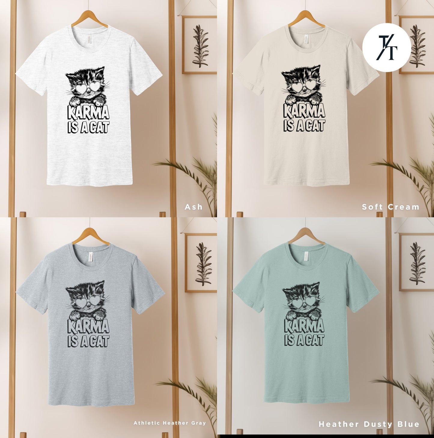 a series of t - shirts with cats on them, Karma is a cat tee, Funny Cat Lovers Shirt, Gift For Music Lover, Funny Karma Vibes T-Shirt, Positive Quote Tee, Music Lover TShirt